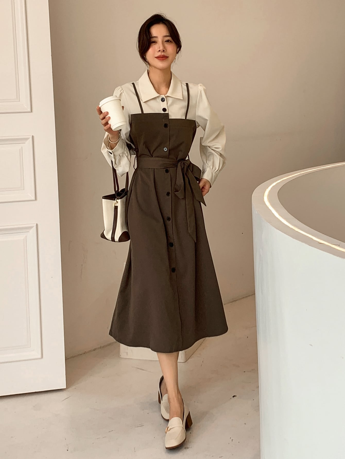 2 In 1 Colorblock Belted Shirt Dress