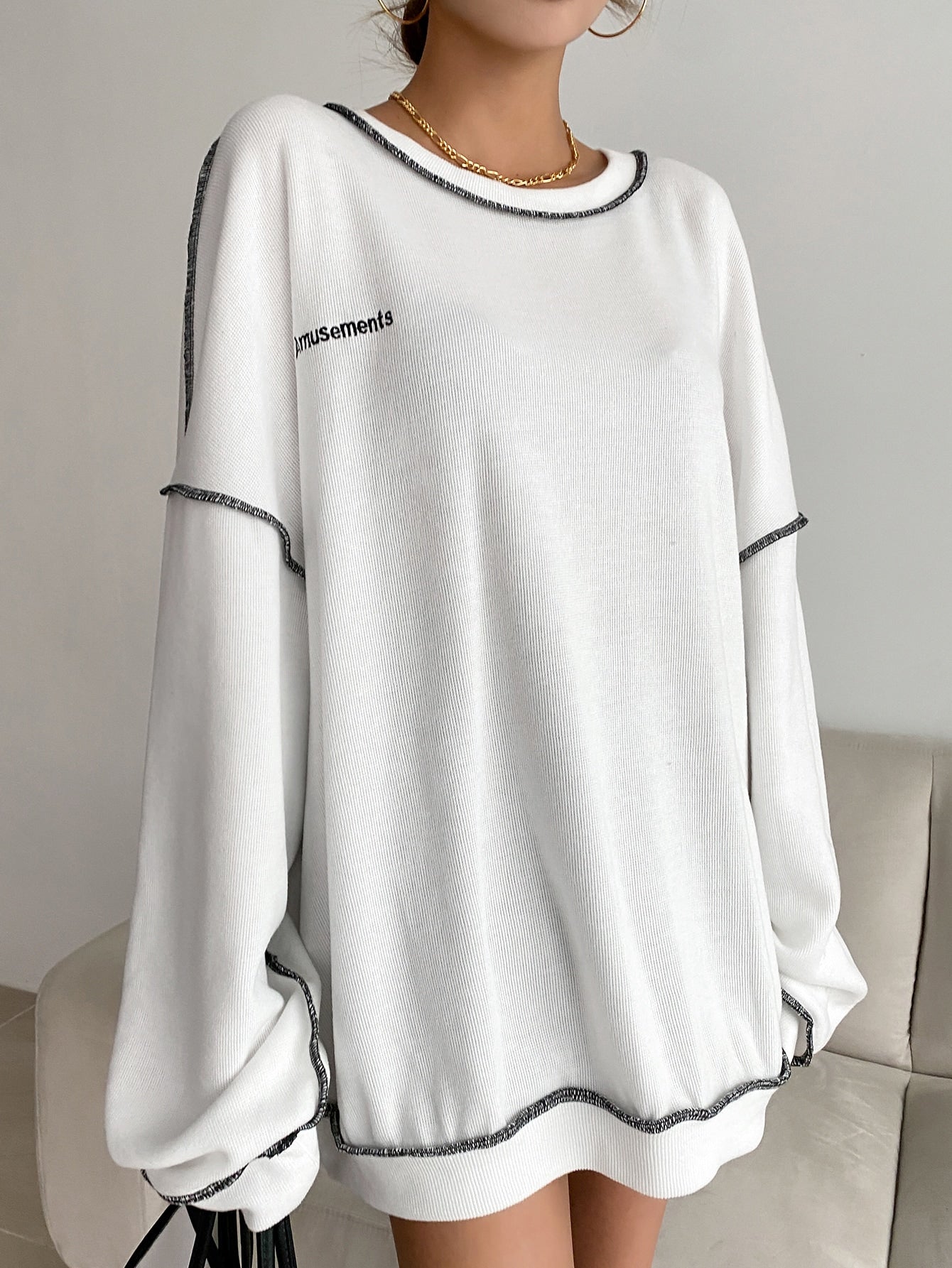Letter Embroidery Top-stitching Drop Shoulder Oversized Sweatshirt