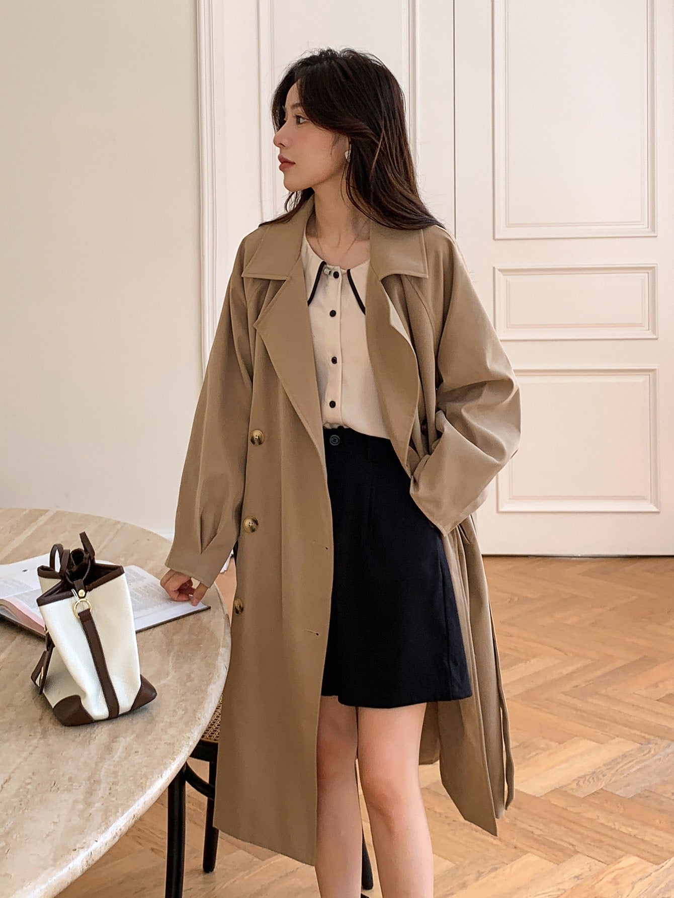 Double Breasted Raglan Sleeve Belted Trench Coat