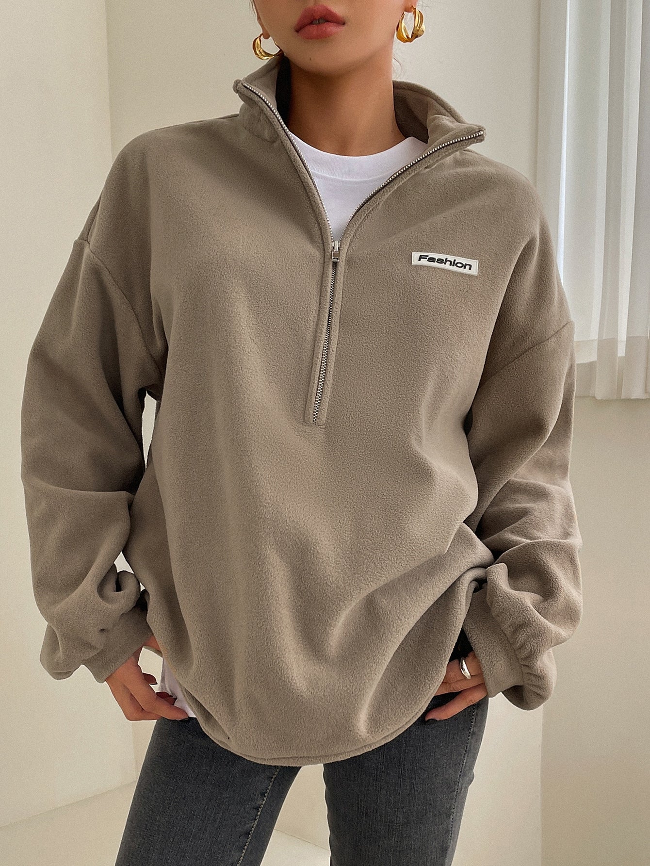 Quarter Zip Patch Detail Drop Shoulder Fleece Sweatshirt