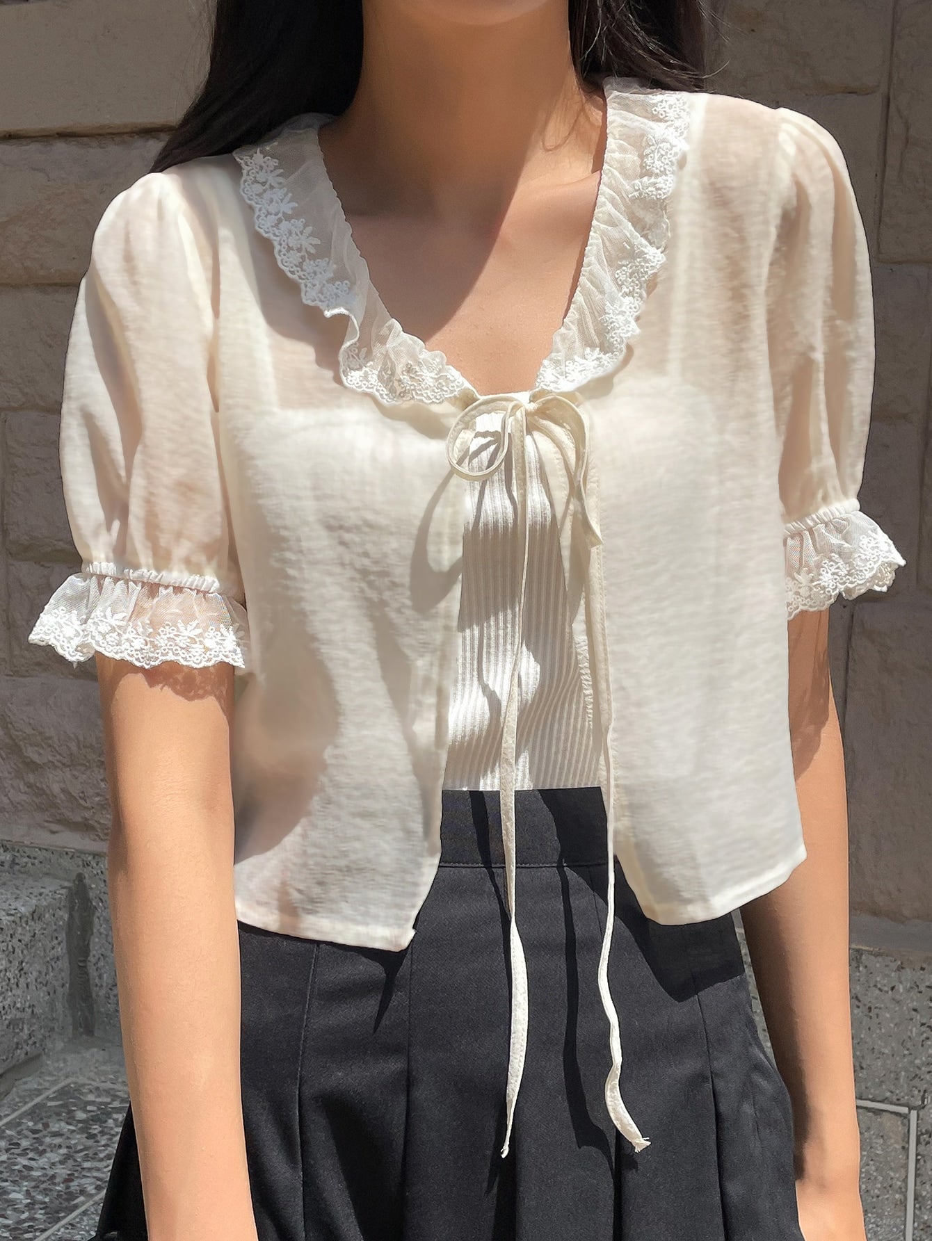 Floral Embroidery Mesh Ruffle Trim Flounce Sleeve Tie Front Blouse Without Camisole