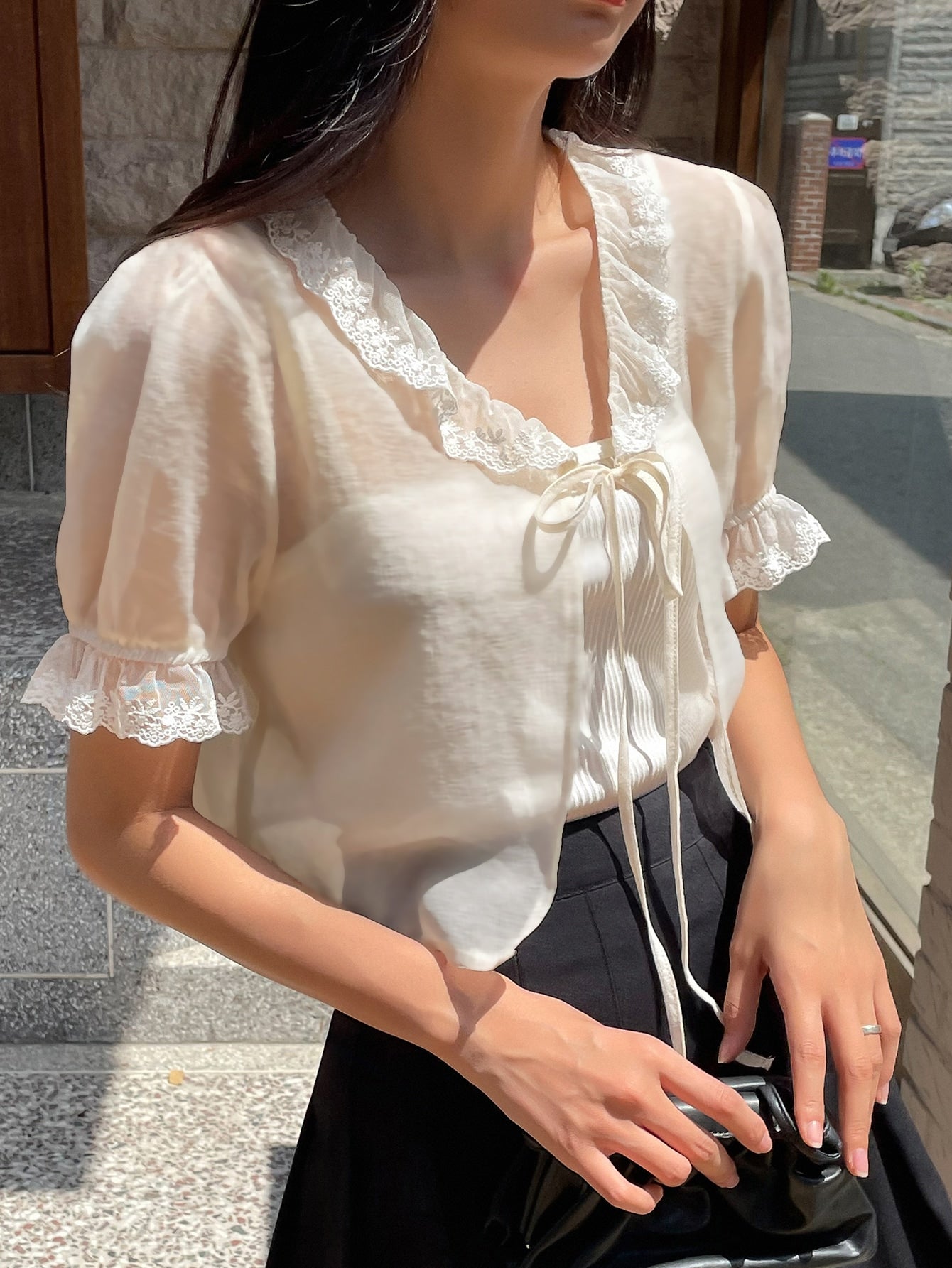 Floral Embroidery Mesh Ruffle Trim Flounce Sleeve Tie Front Blouse Without Camisole