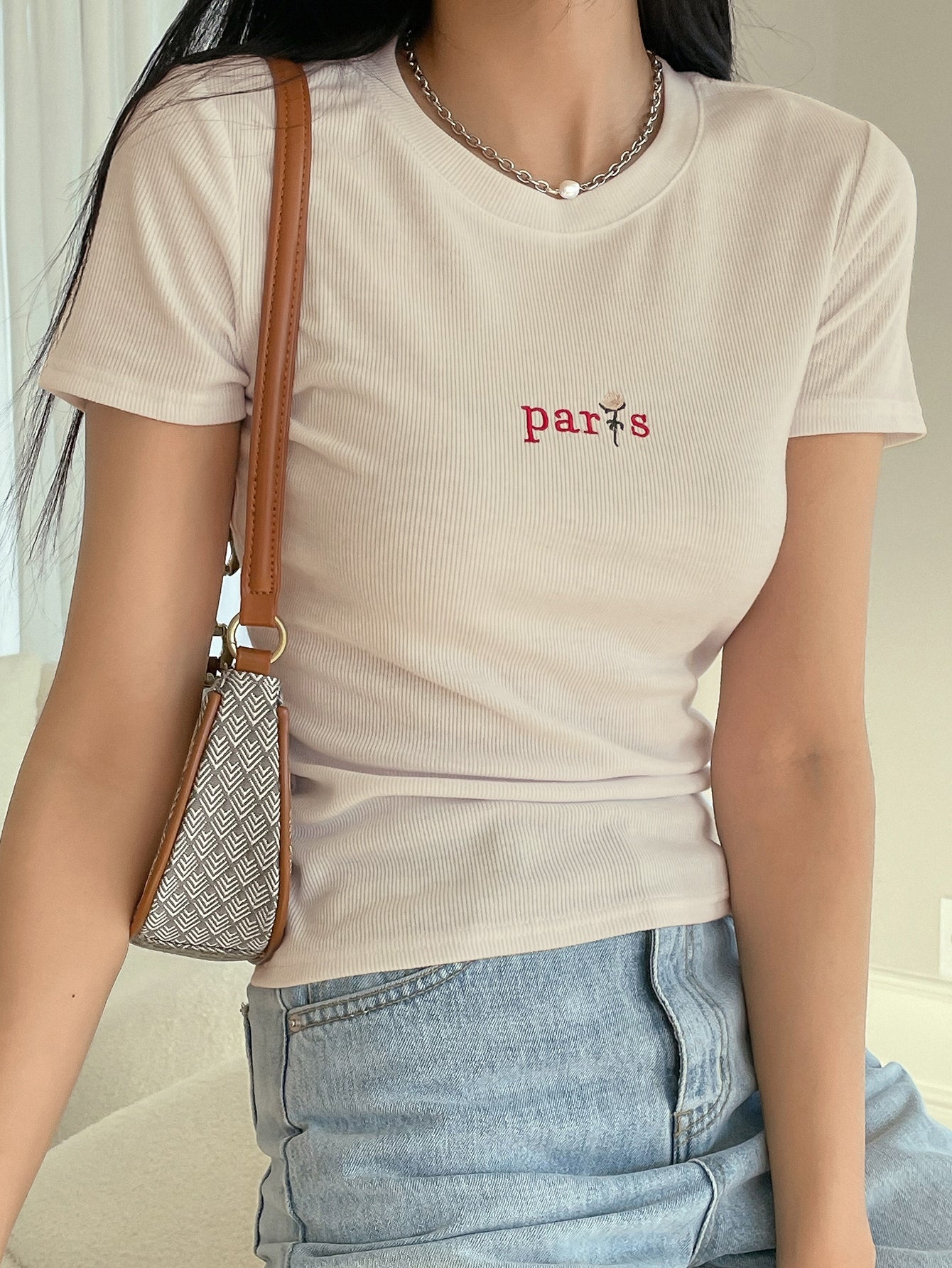 Letter And Floral Embroidery Rib-knit Tee