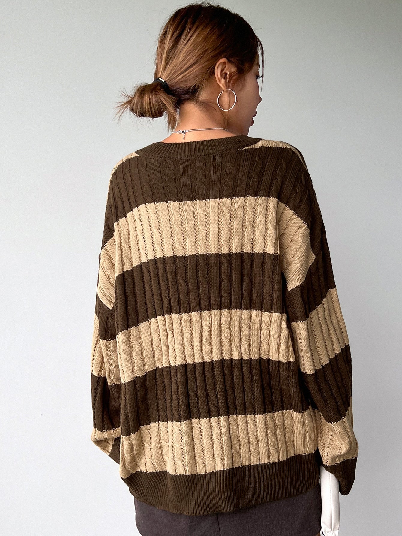 Color Block Drop Shoulder Cable Knit Sweater