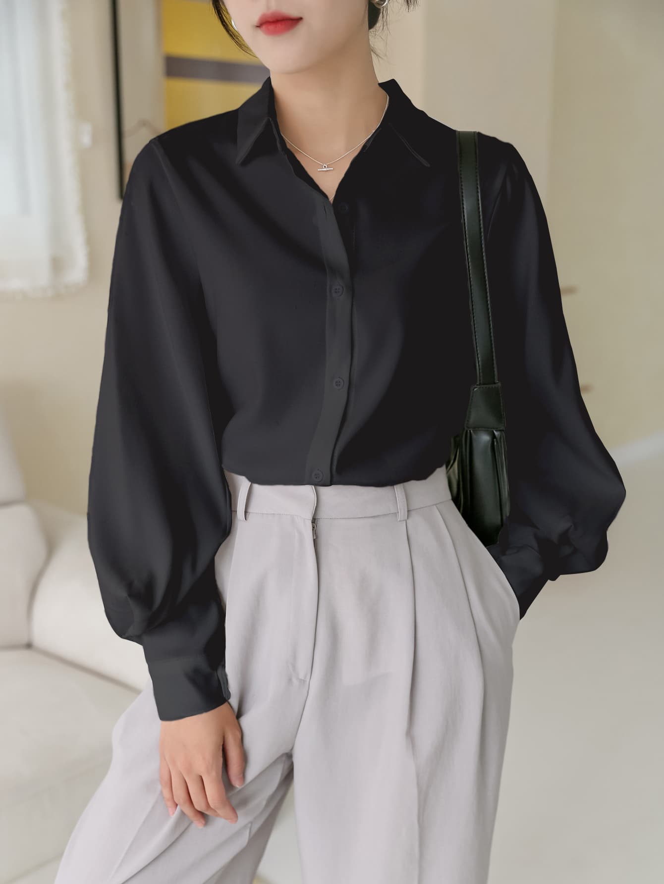 Solid Button Front Lantern Sleeve Shirt