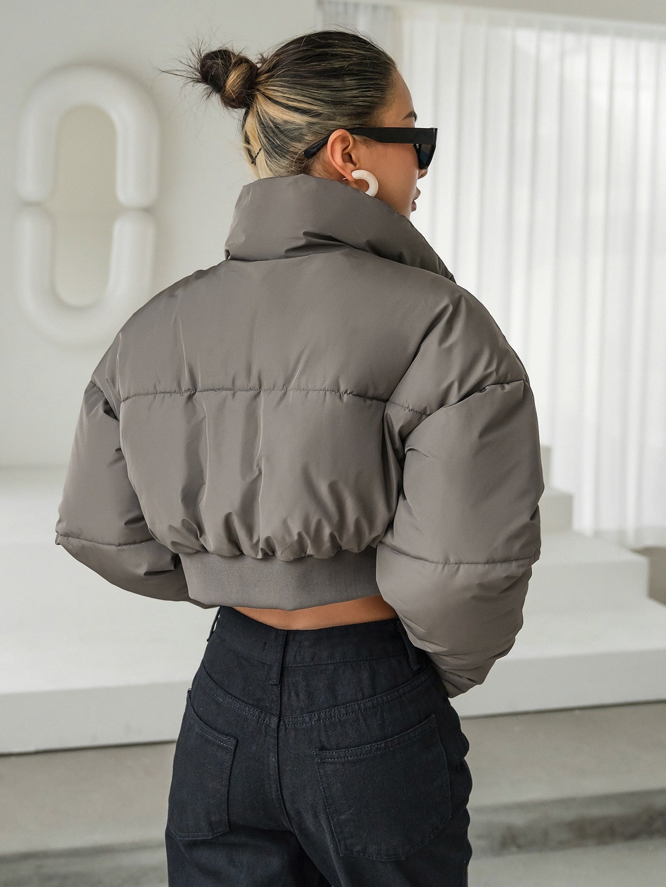 Drop Shoulder Zipper Crop Puffer Coat