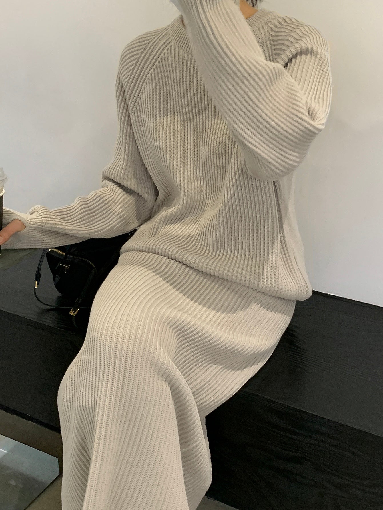 Solid Raglan Sleeve Sweater & Knit Skirt