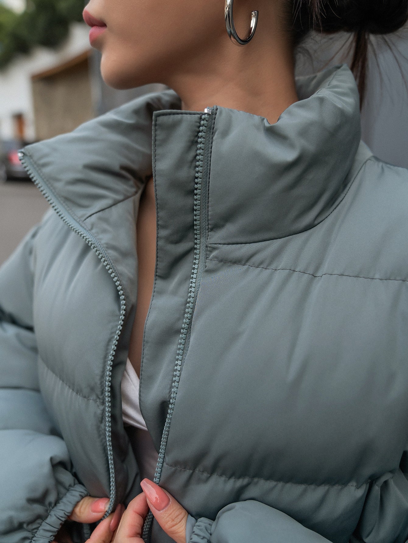 Drop Shoulder Zipper Puffer Coat