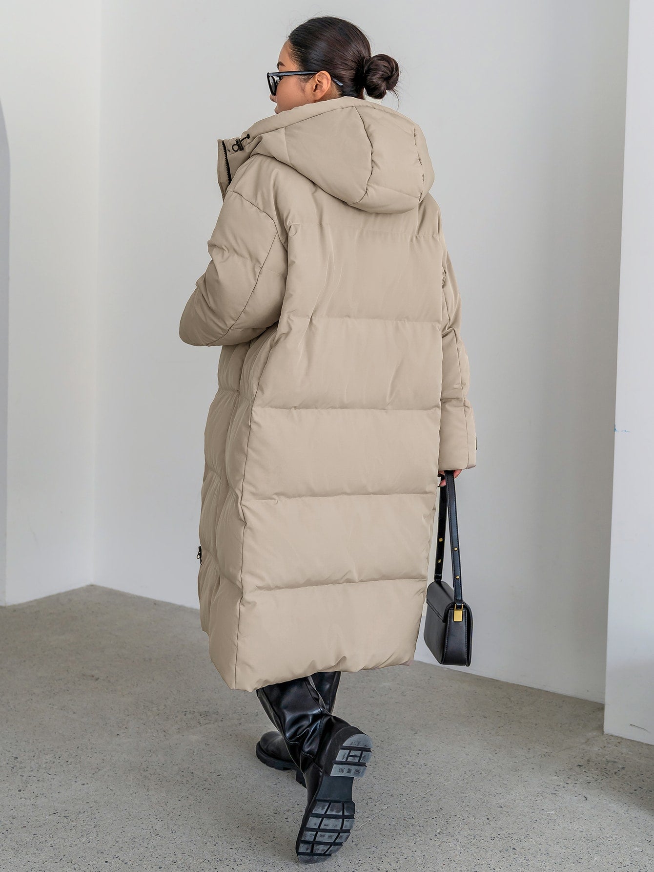 Letter Patched Detail Zipper Drawstring Hooded Puffer Coat