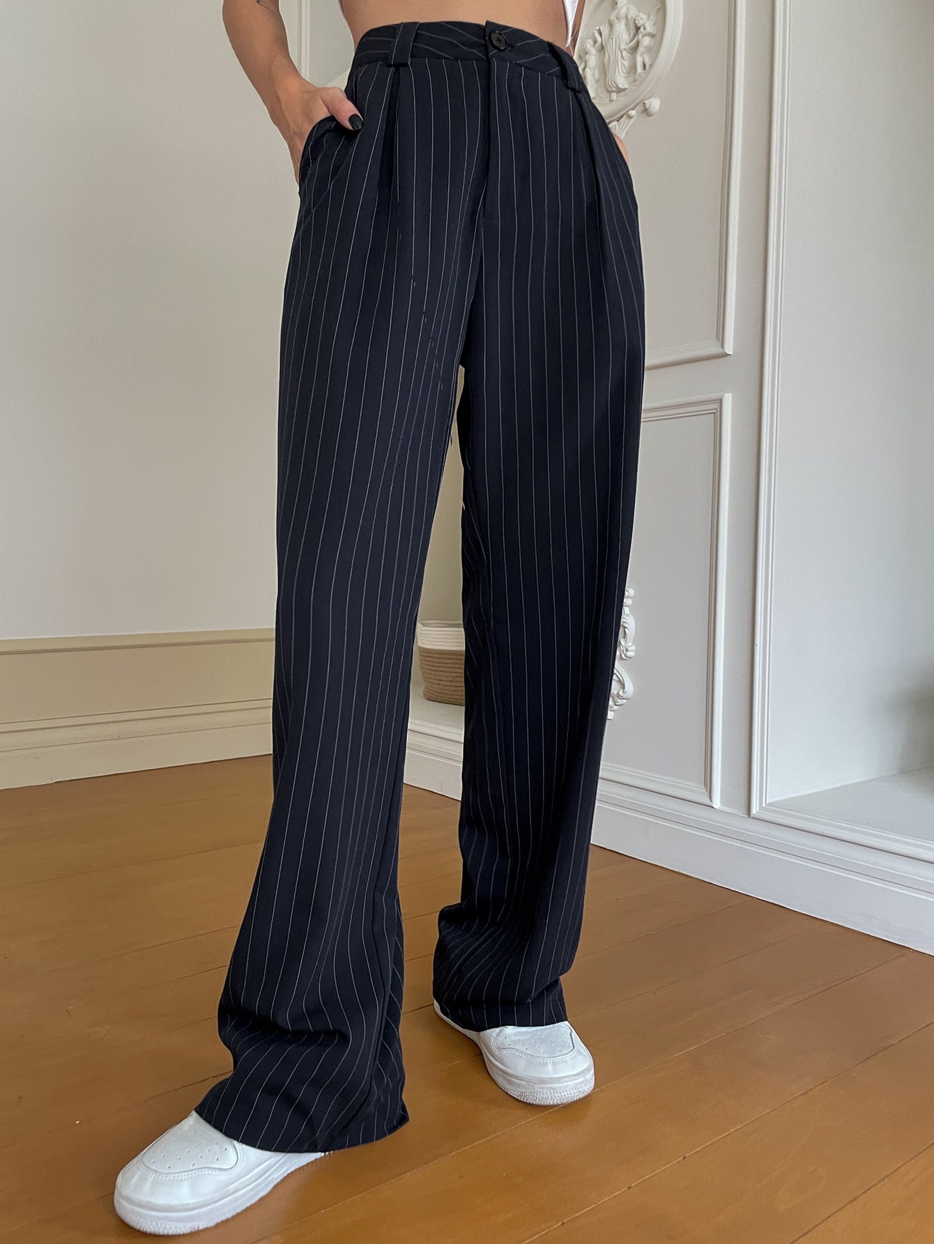 Pinstriped Print Wide Leg Suit Pants
