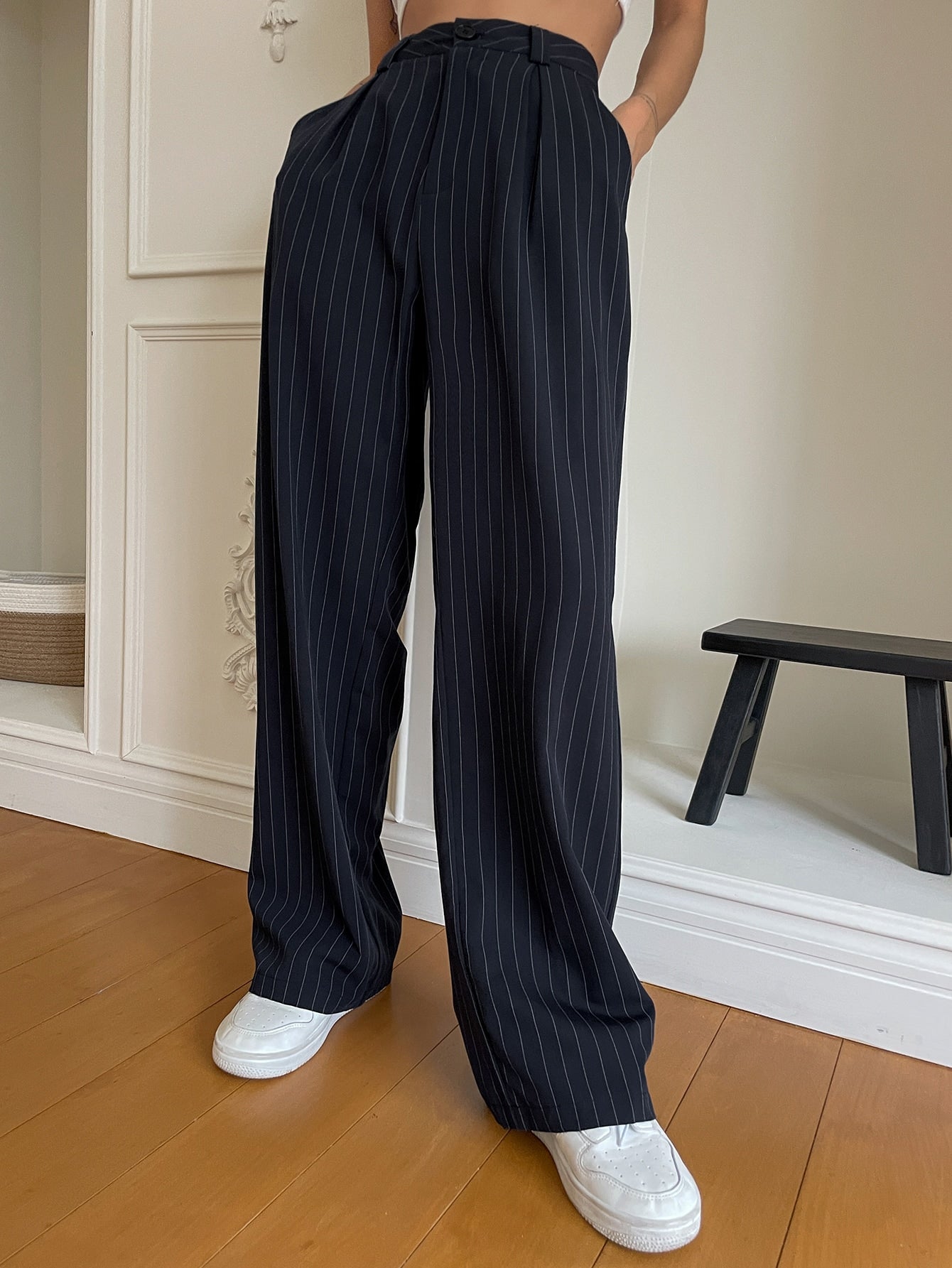 Pinstriped Print Wide Leg Suit Pants