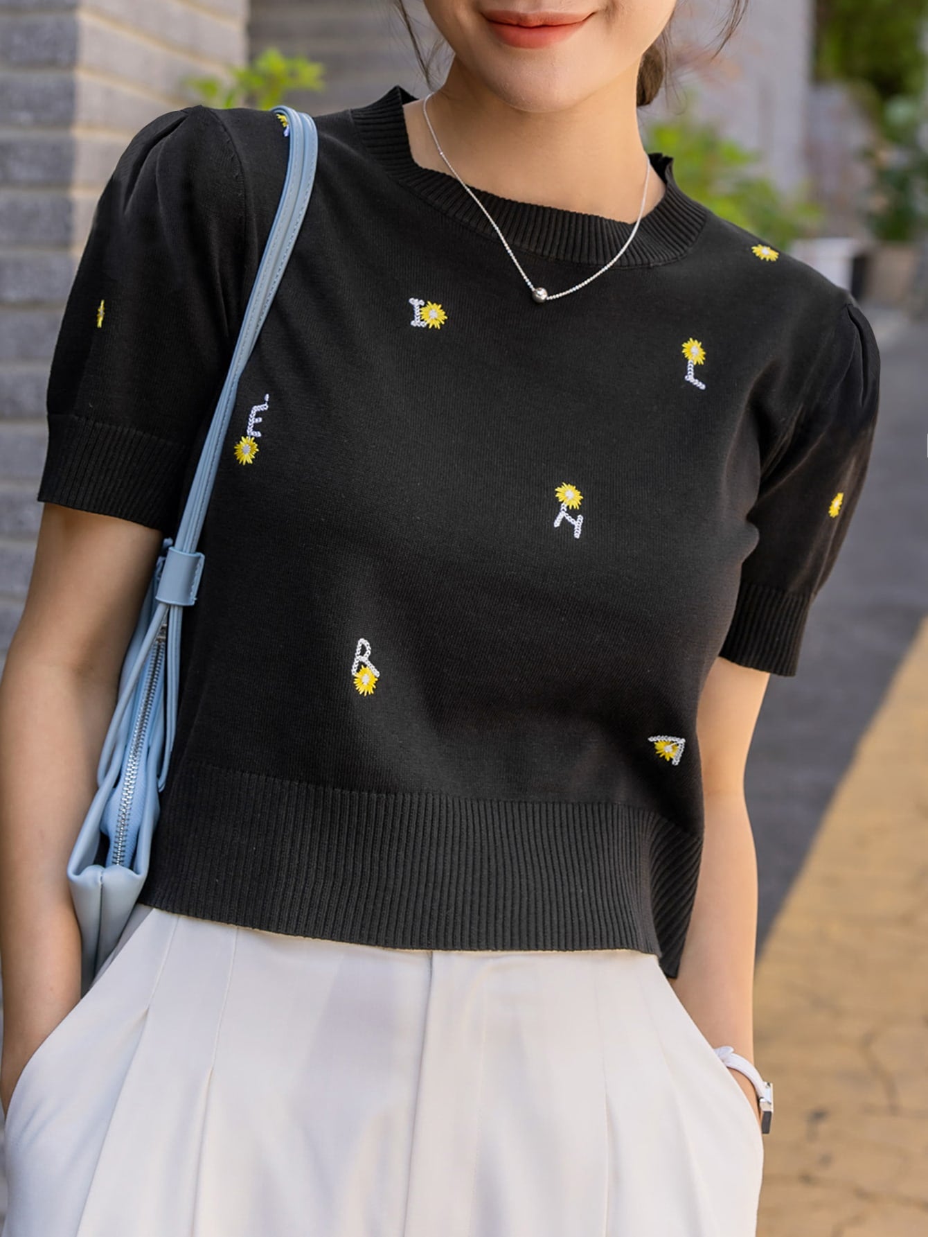 Puff Sleeve Letter Embroidery Knit Top