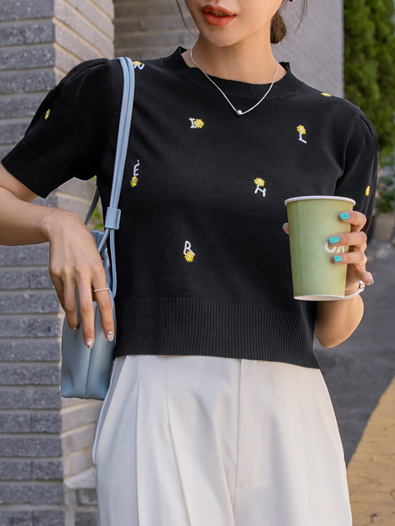 Puff Sleeve Letter Embroidery Knit Top
