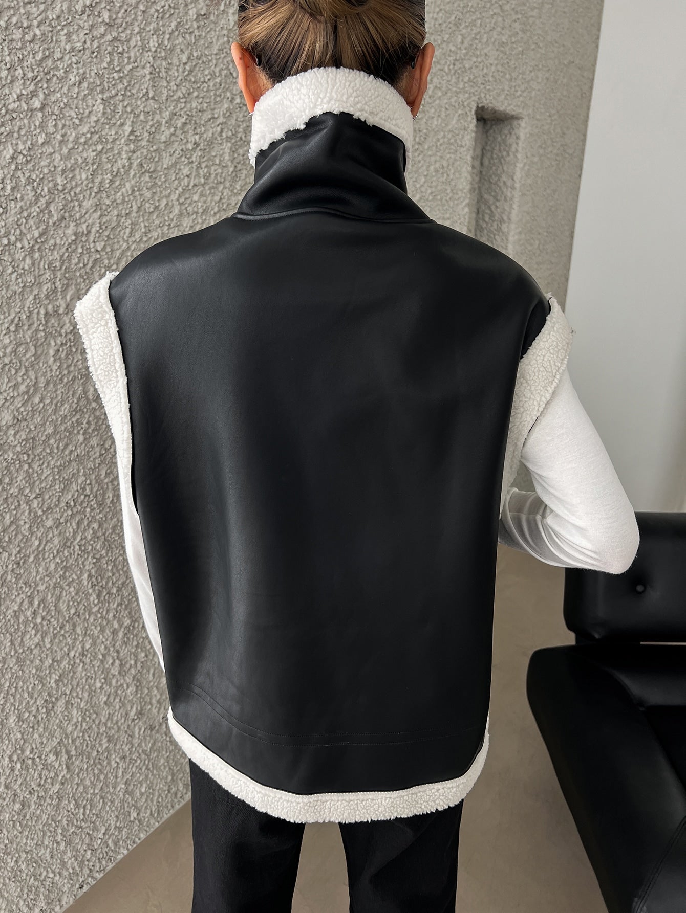 Contrast Trim Zip Up PU Vest Coat