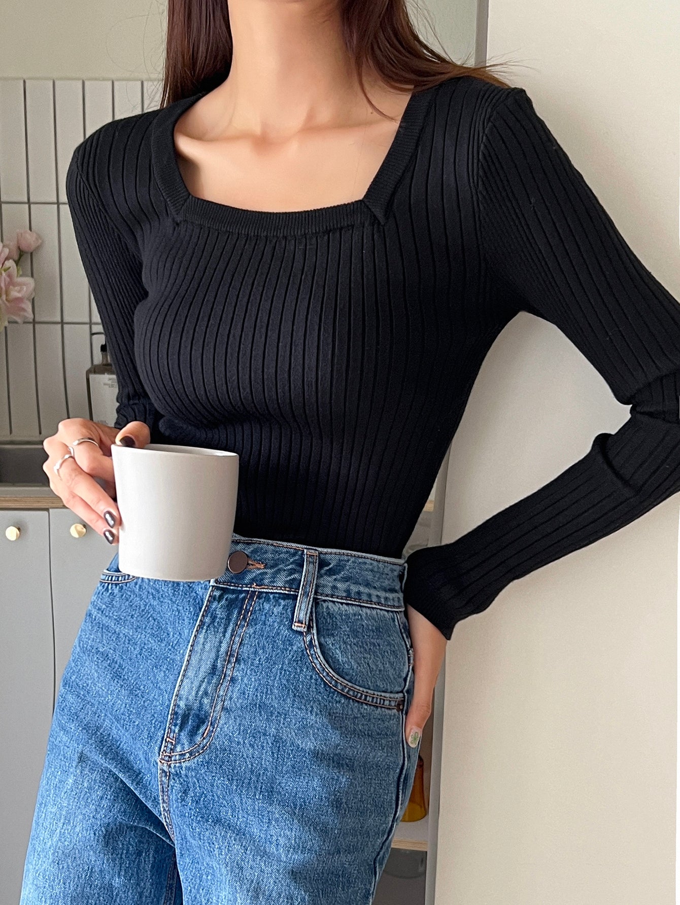 Square Neck Ribbed Knit Sweater