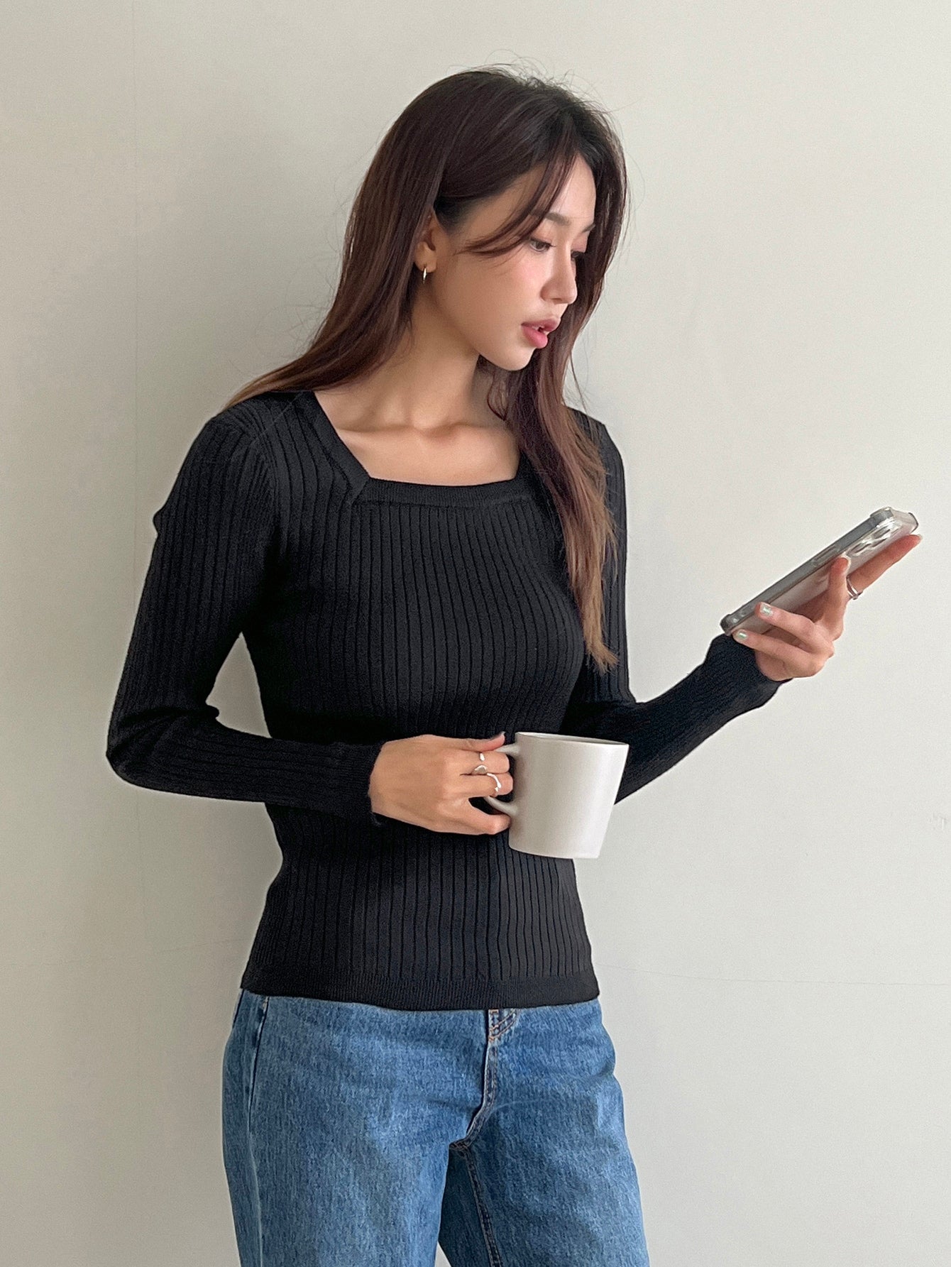 Square Neck Ribbed Knit Sweater