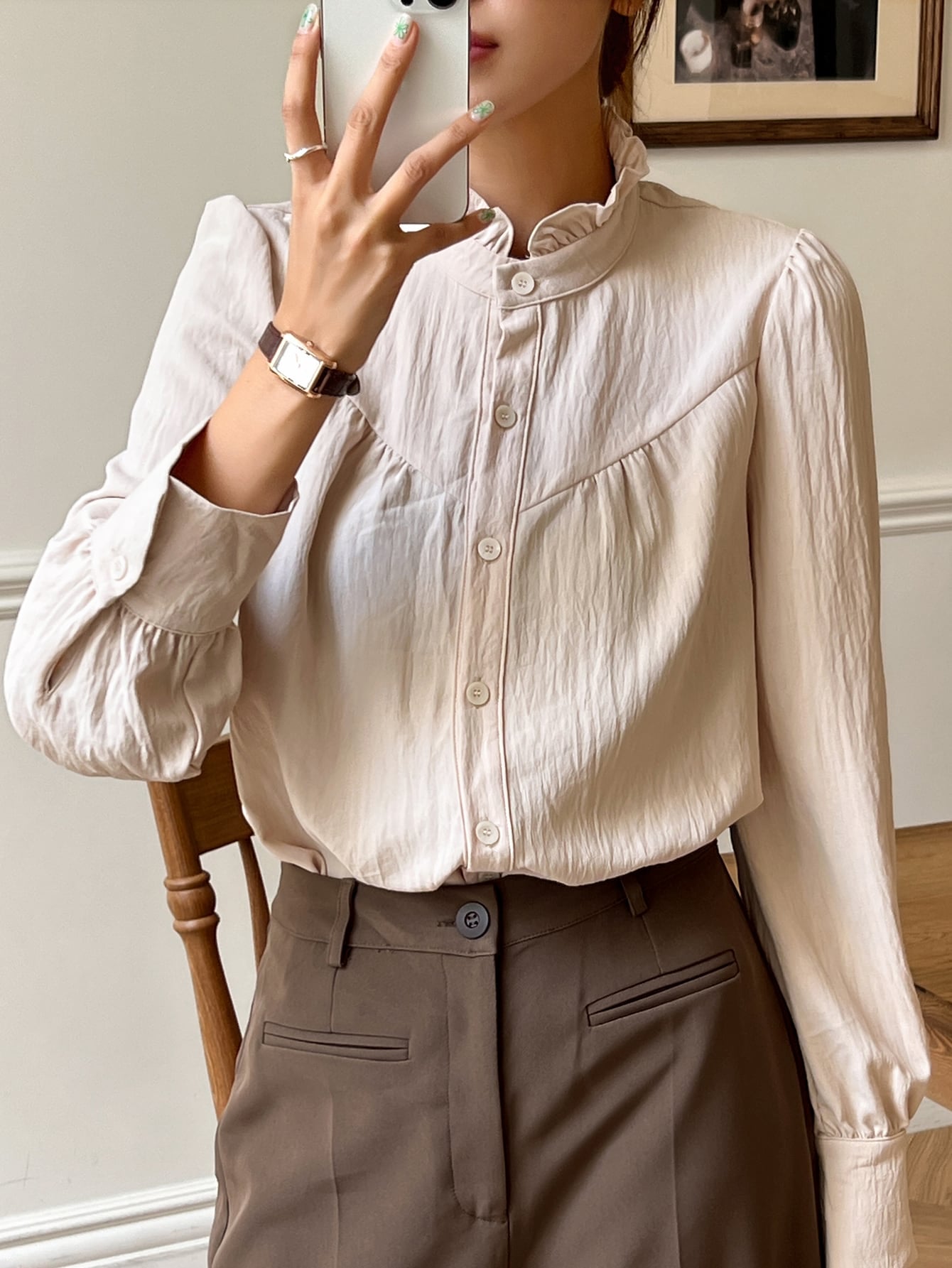 Solid Frill Neck Button Front Shirt