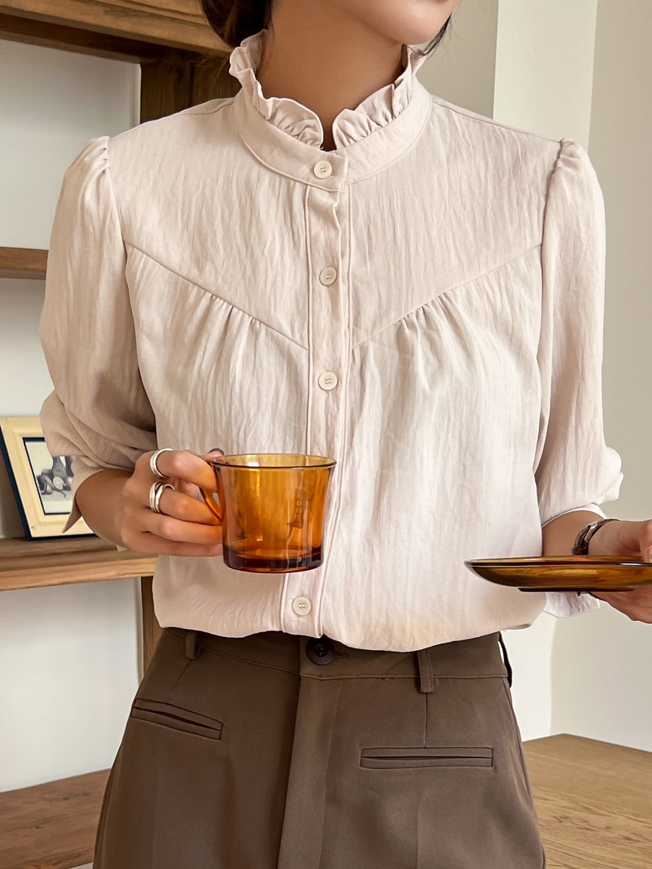 Solid Frill Neck Button Front Shirt