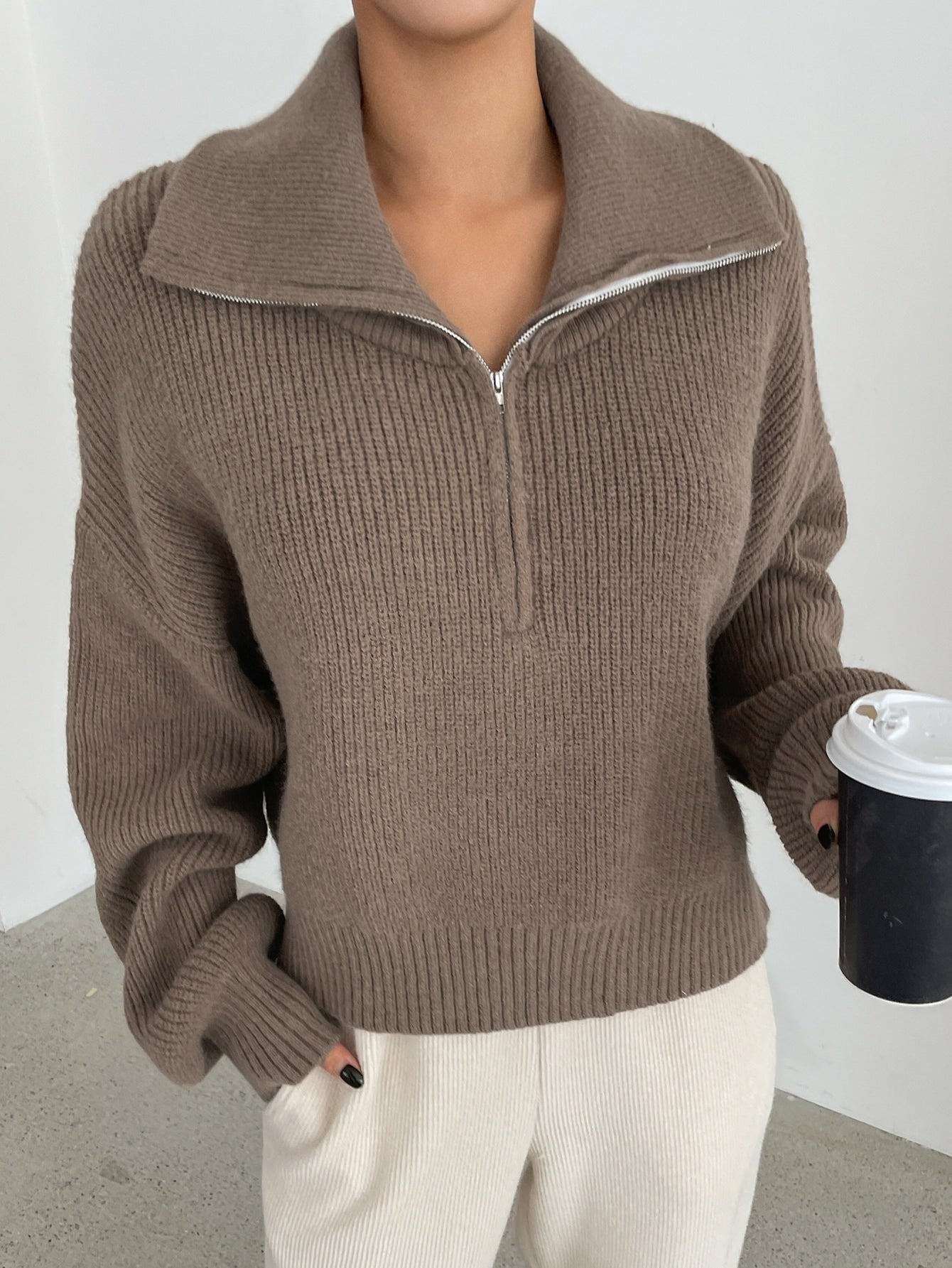 Half Zipper Drop Shoulder Sweater