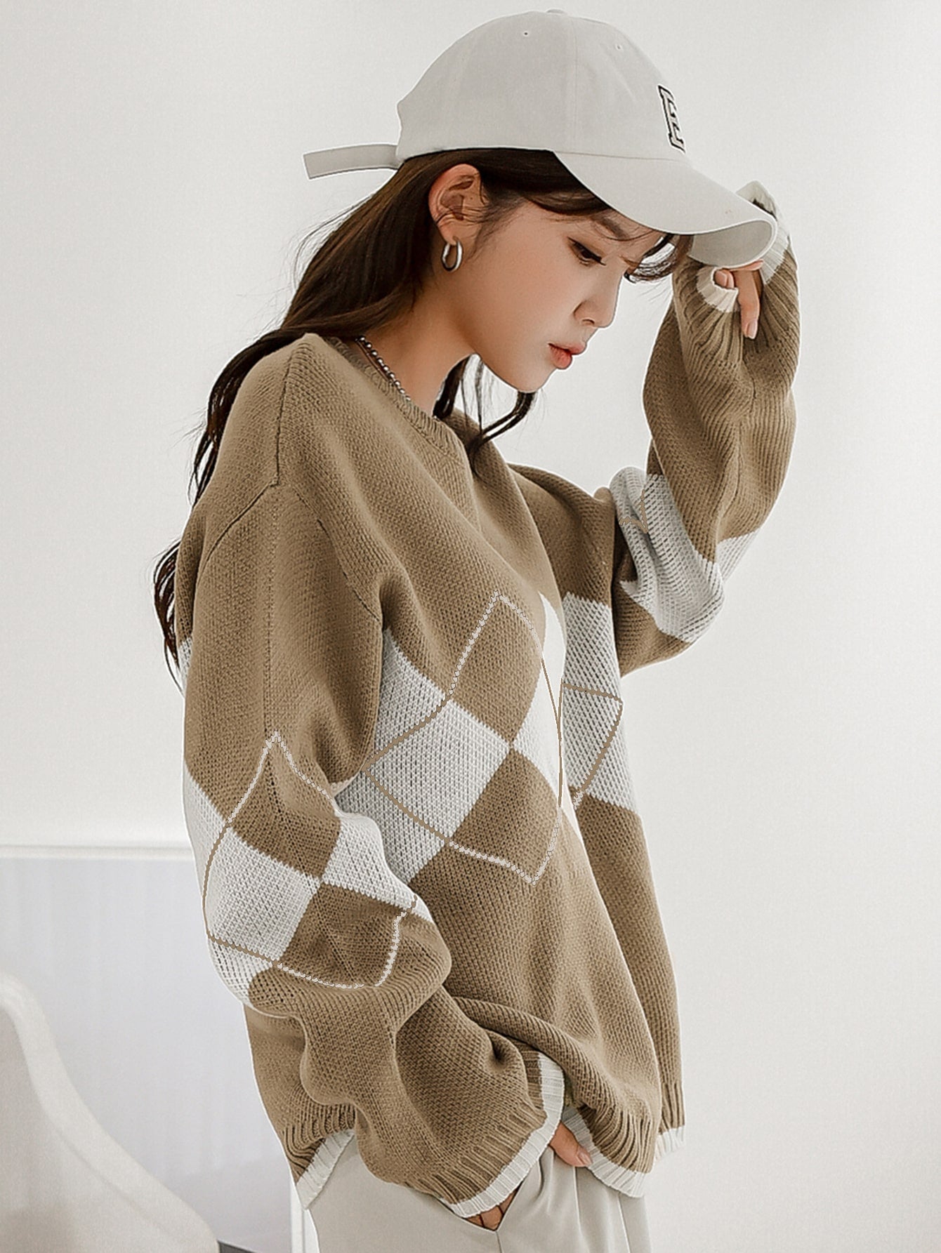 Argyle Pattern Drop Shoulder Sweater