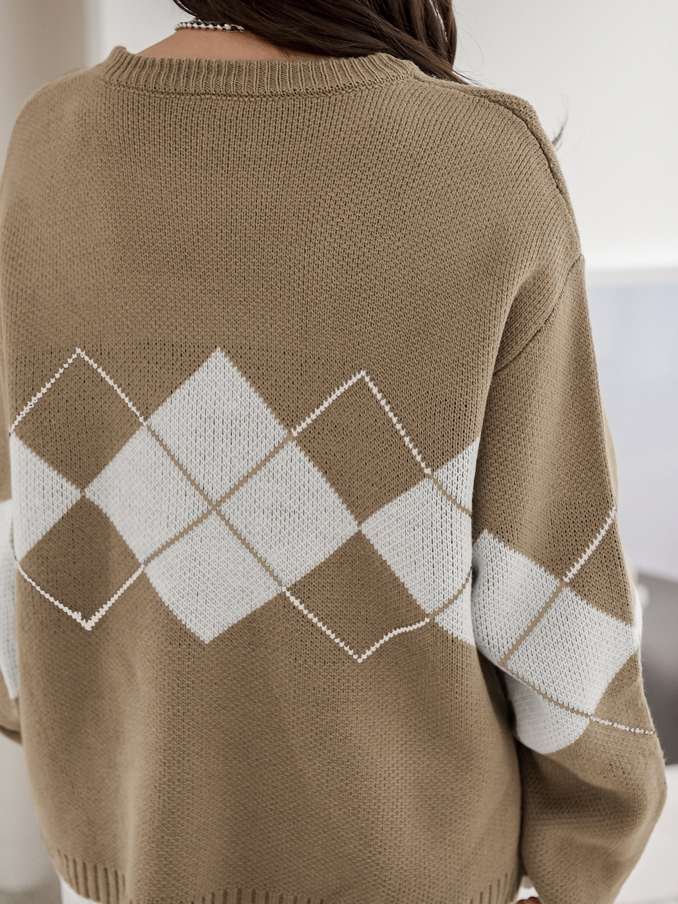 Argyle Pattern Drop Shoulder Sweater