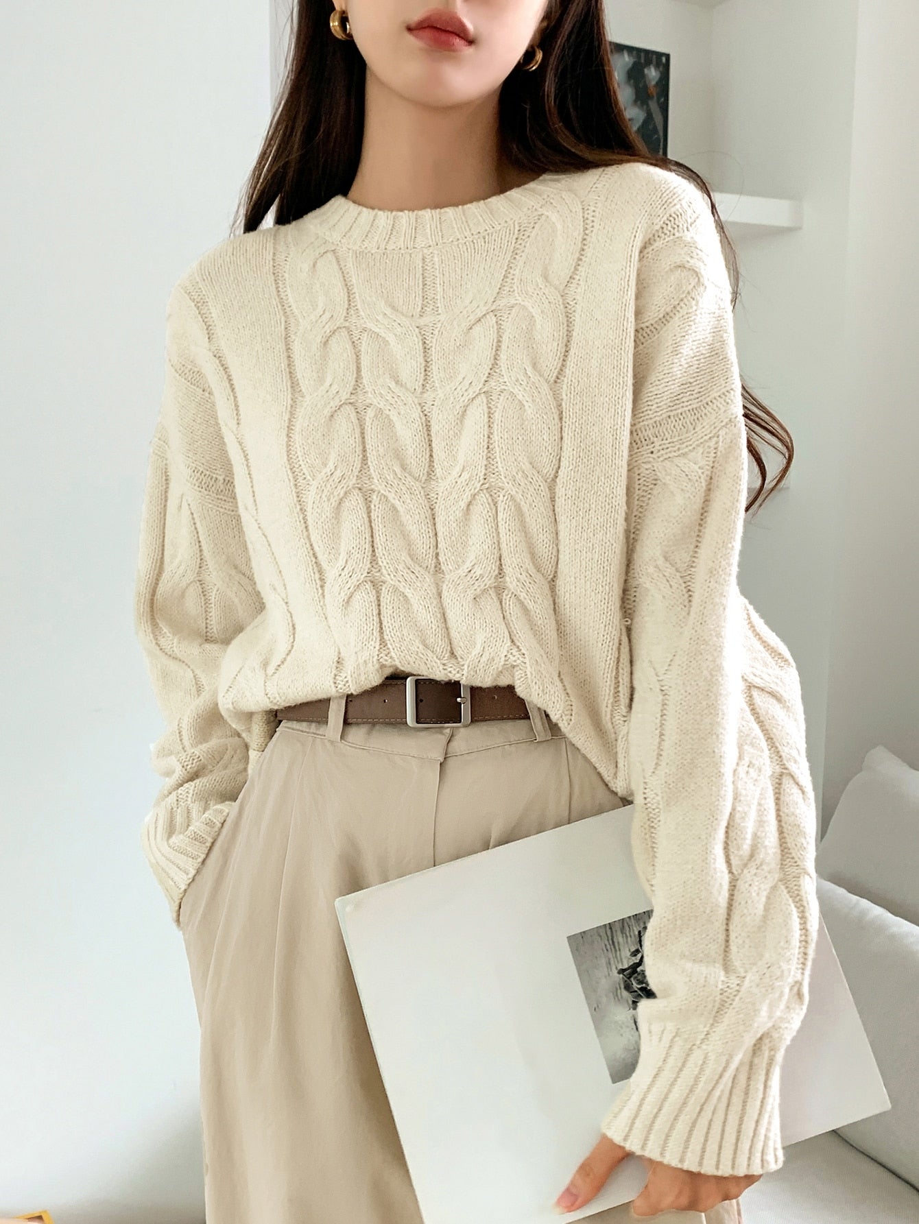 Solid Cable Knit Drop Shoulder Sweater