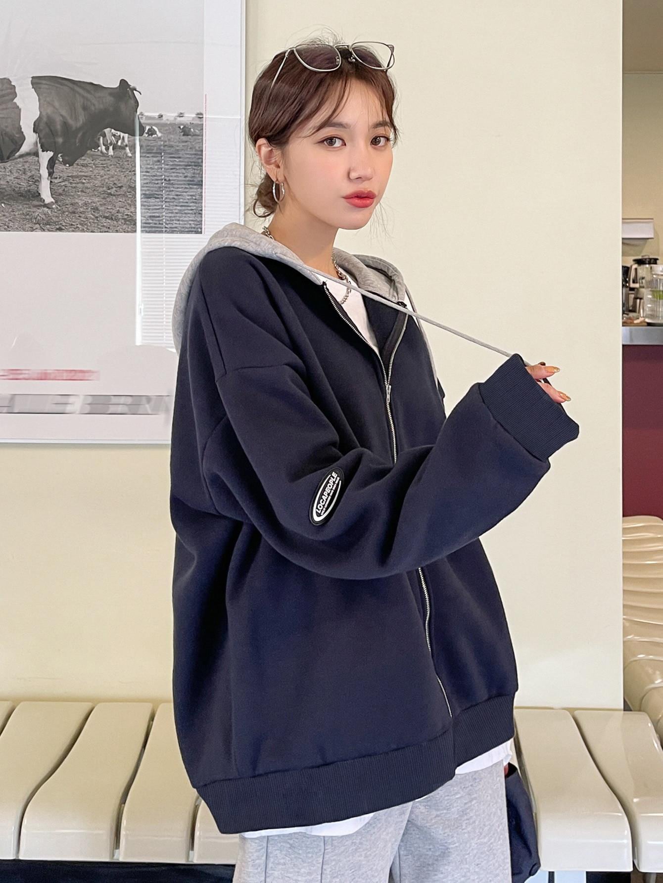 Colorblock Drop Shoulder Drawstring Zipper Thermal Hoodie Without Tee