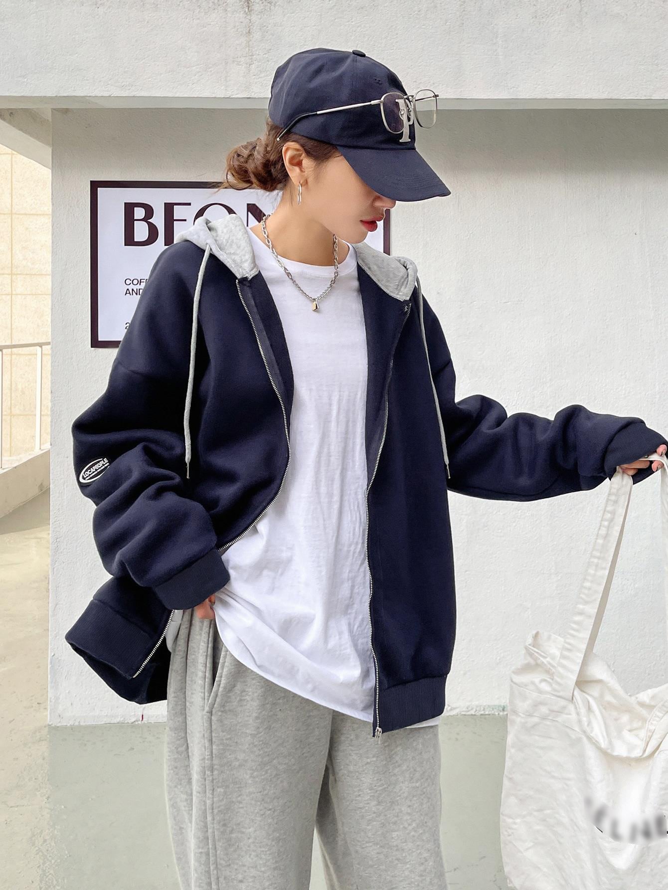 Colorblock Drop Shoulder Drawstring Zipper Thermal Hoodie Without Tee