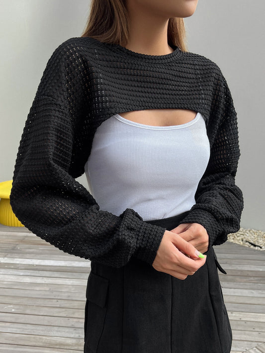 Pointelle Knit Bishop Sleeve Super Crop Top Without Cami Top
