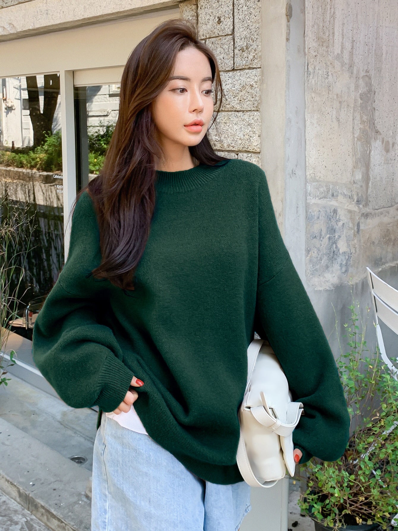 Solid Drop Shoulder Ribbed Knit Oversized Sweater