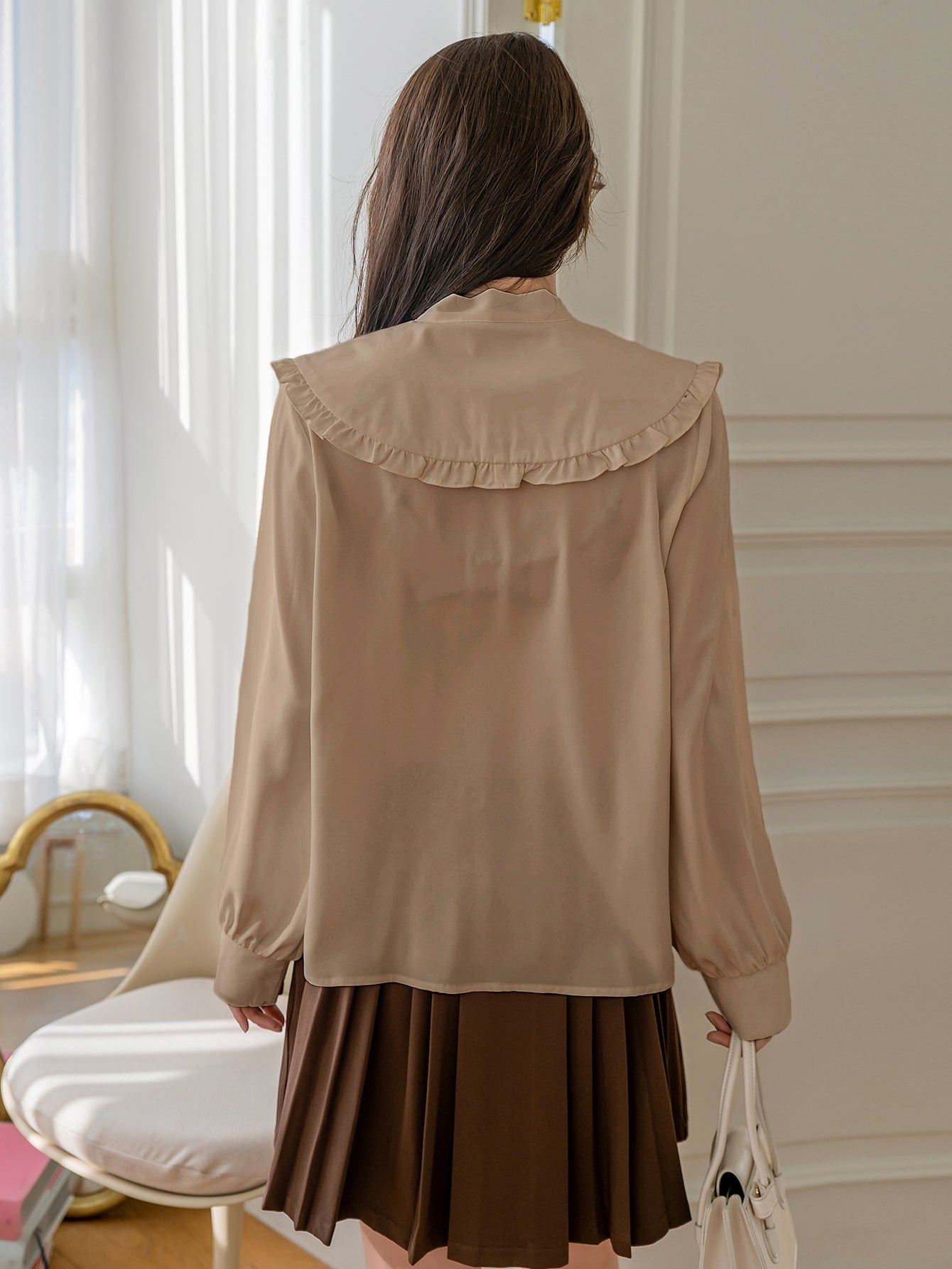 Statement Collar Frill Trim Knot Front Blouse
