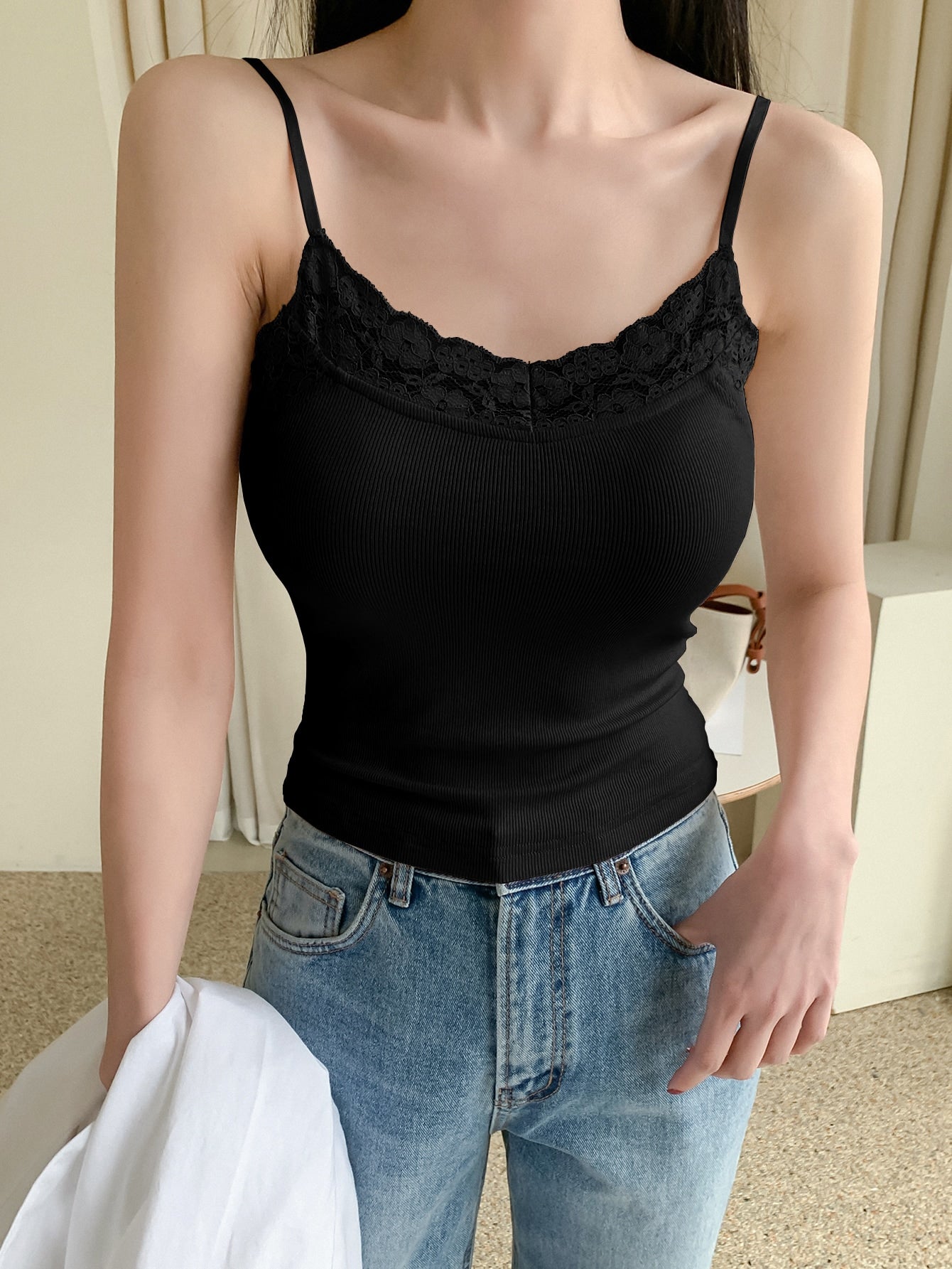 Contrast Lace Rib Knit Cami Top