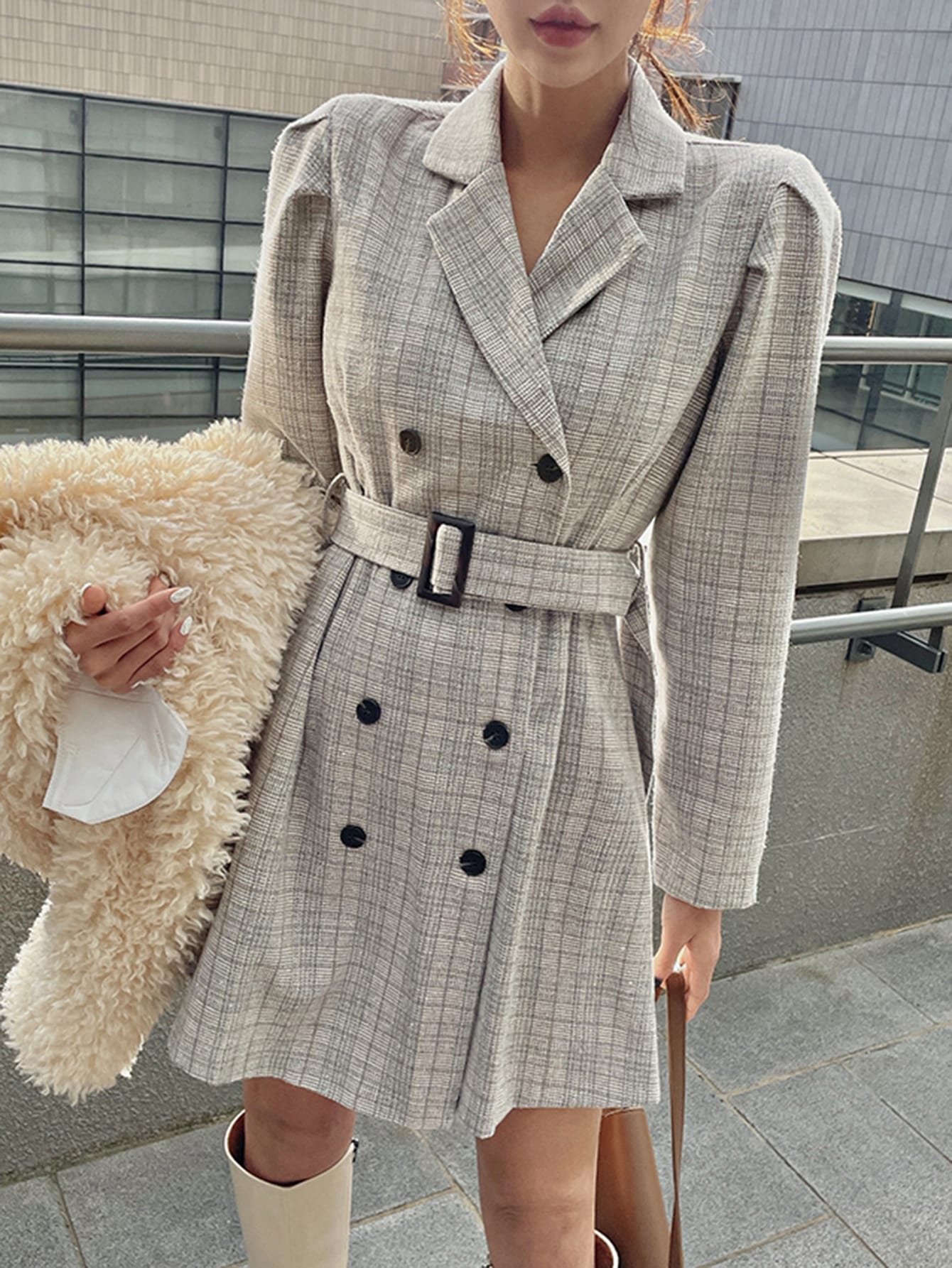 Plaid Double Breasted Puff Sleeve Belted Dress