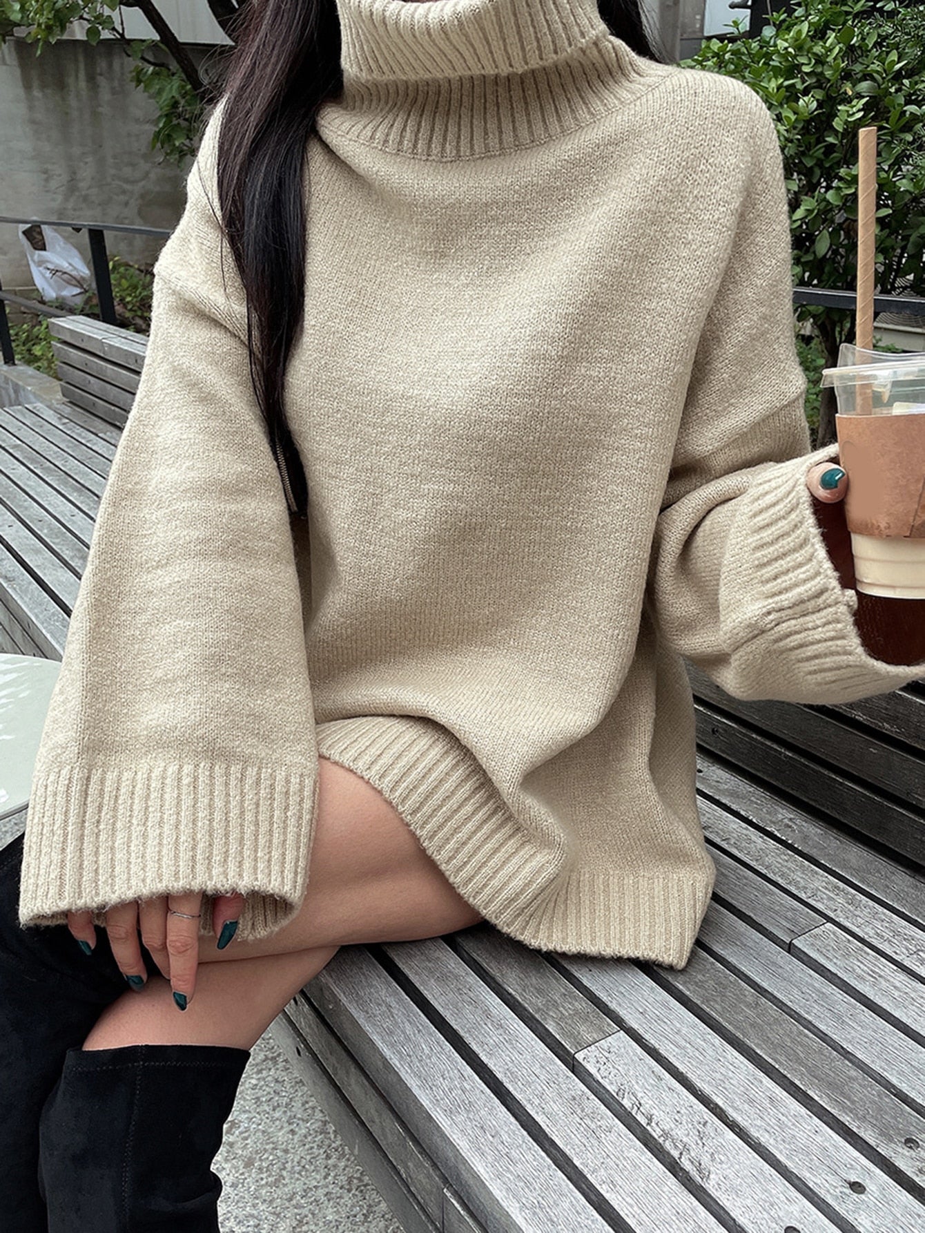 Turtleneck Drop Shoulder Oversized Sweater