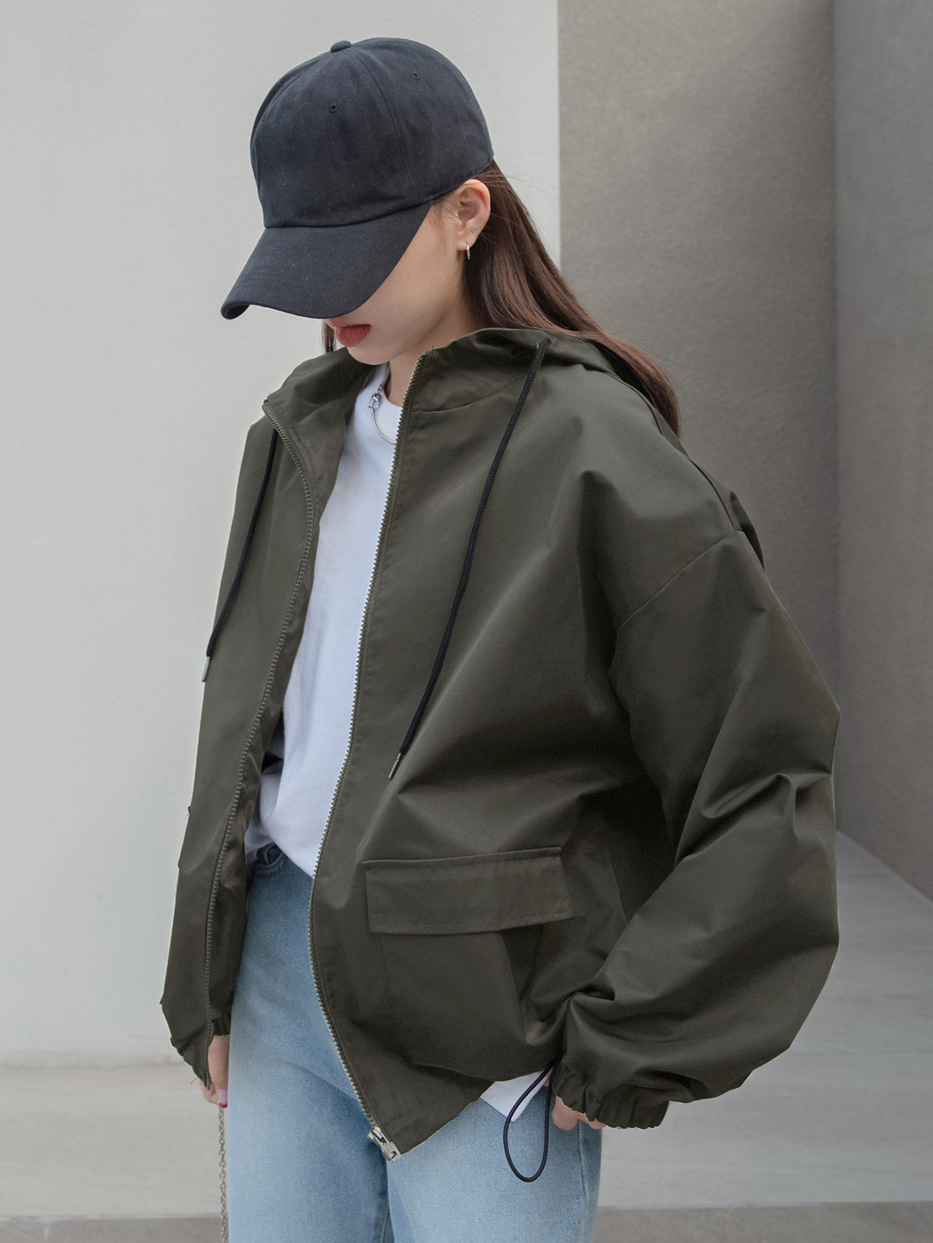 Drop Shoulder Drawstring Hooded Jacket