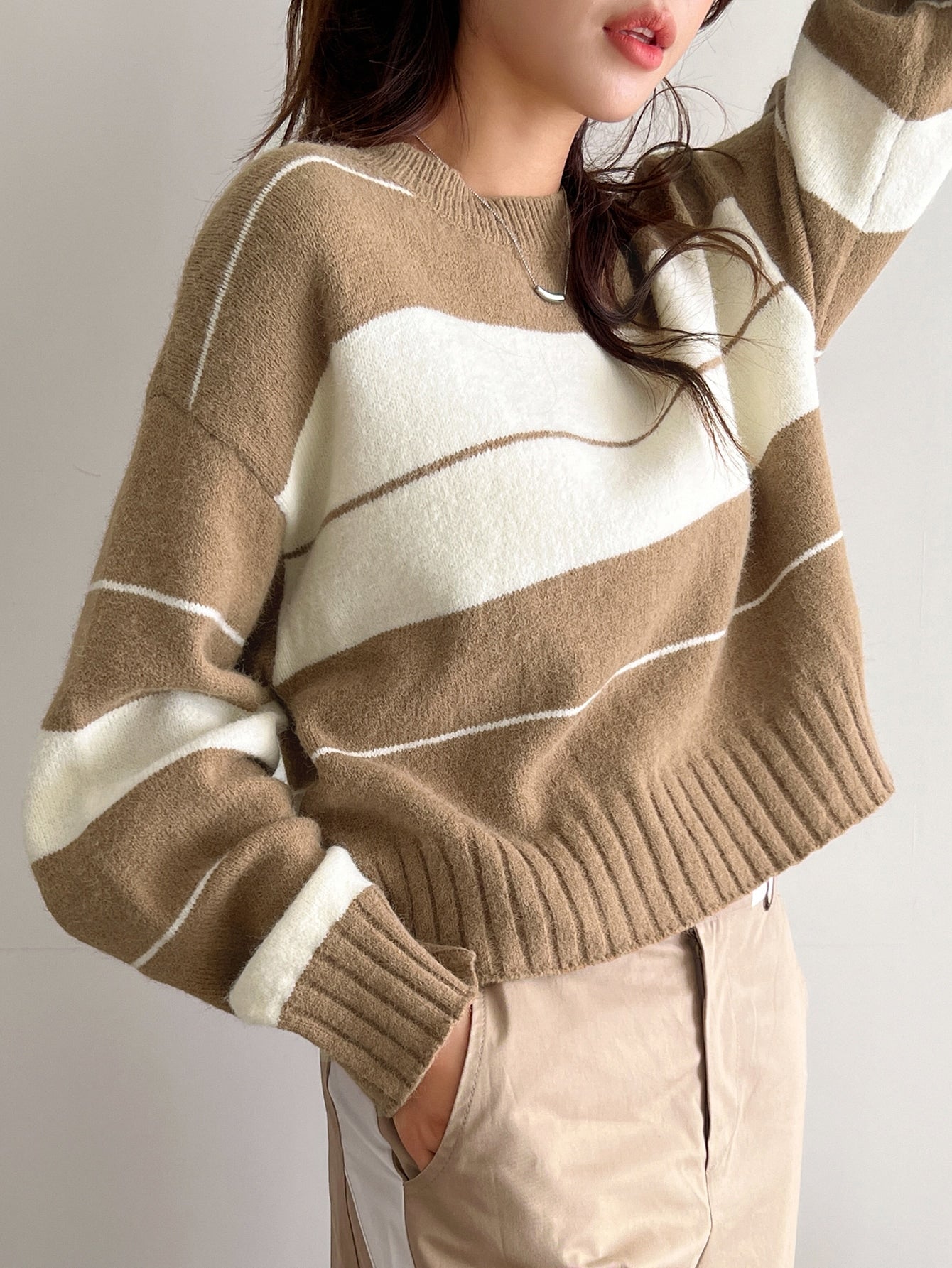 Striped Pattern Two Tone Drop Shoulder Sweater