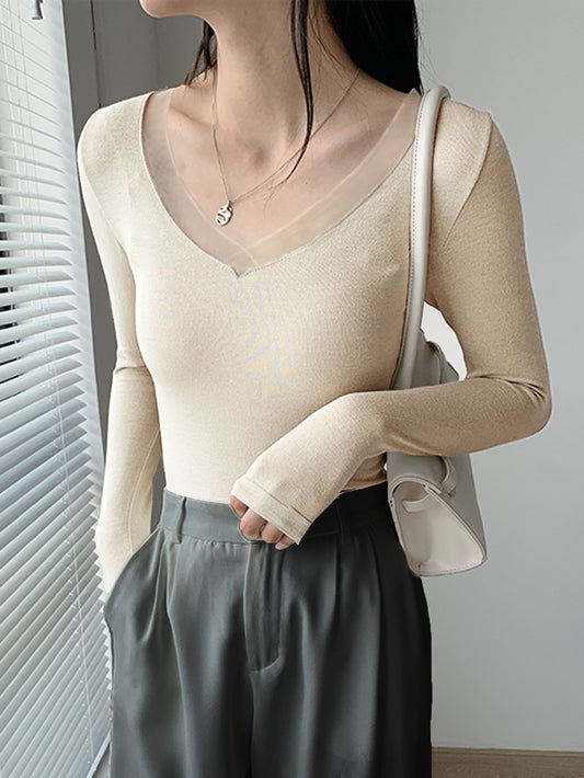 Solid Contrast Mesh V Neck Thermal Underwear Top