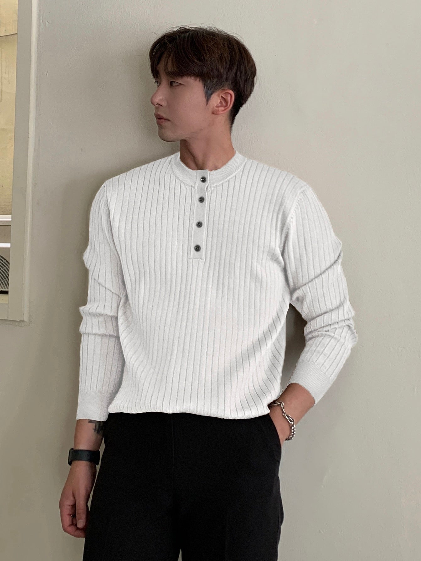 Men Half Button Ribbed Knit Sweater