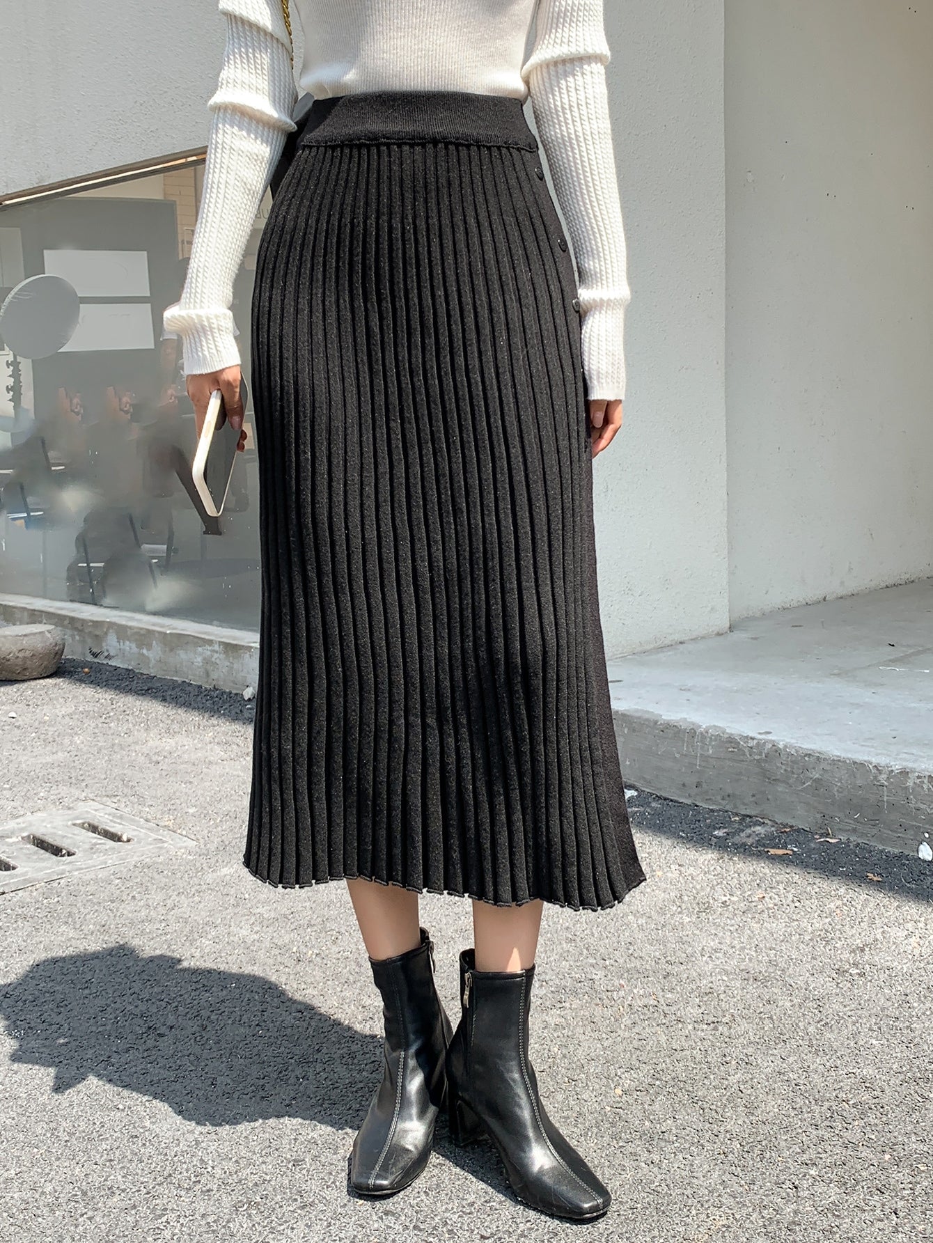 High Waist Single Breasted Slit Knit Skirt