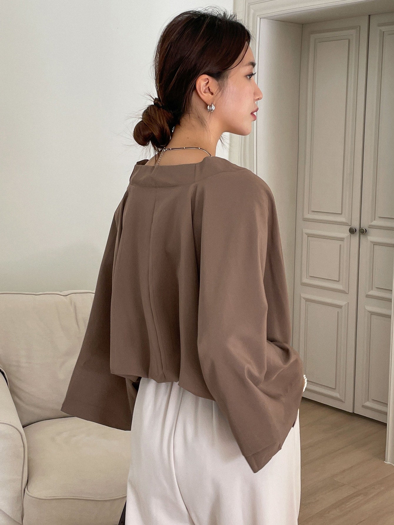 Solid Batwing Sleeve Blouse Without Camisole