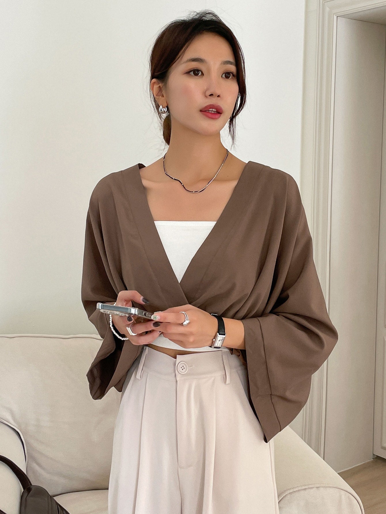 Solid Batwing Sleeve Blouse Without Camisole
