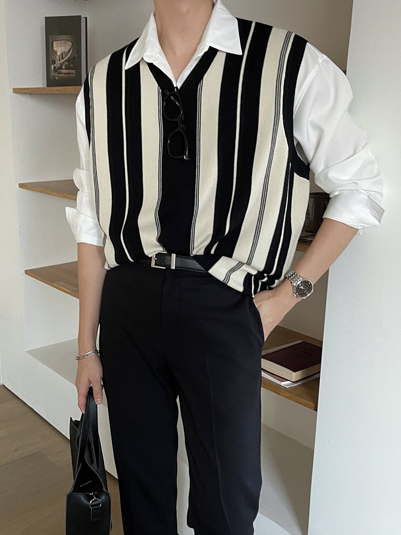 Men Striped Pattern Colorblock Sweater Vest Without Shirt