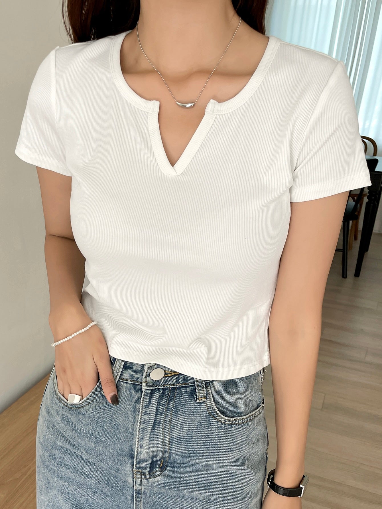 Ribbed Knit Notched Neck Tee
