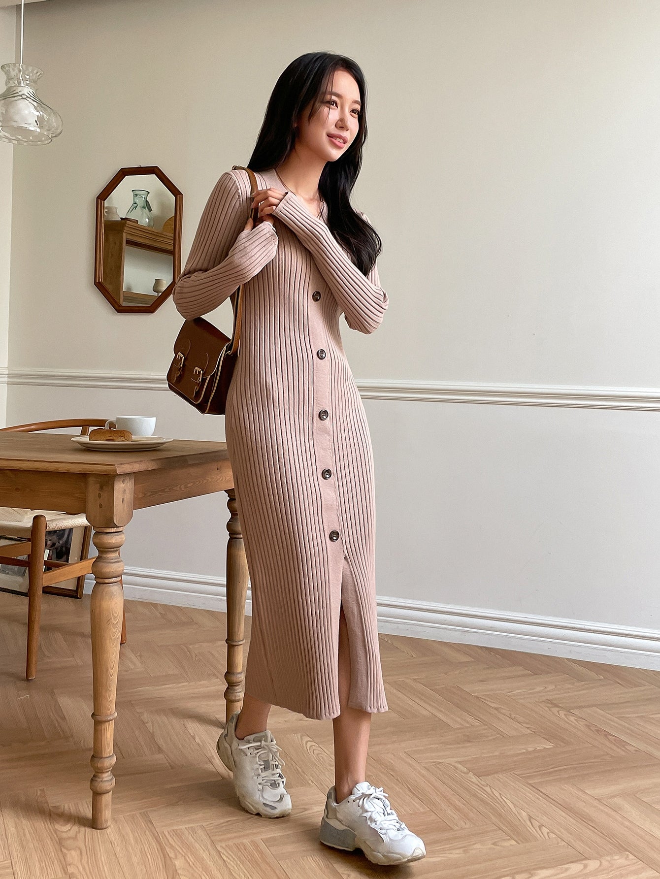 Button Front Ribbed Knit Belted Sweater Dress