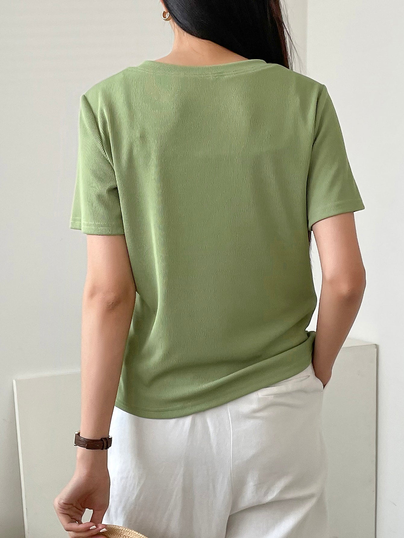 Solid Rib Knit Button Front Tee