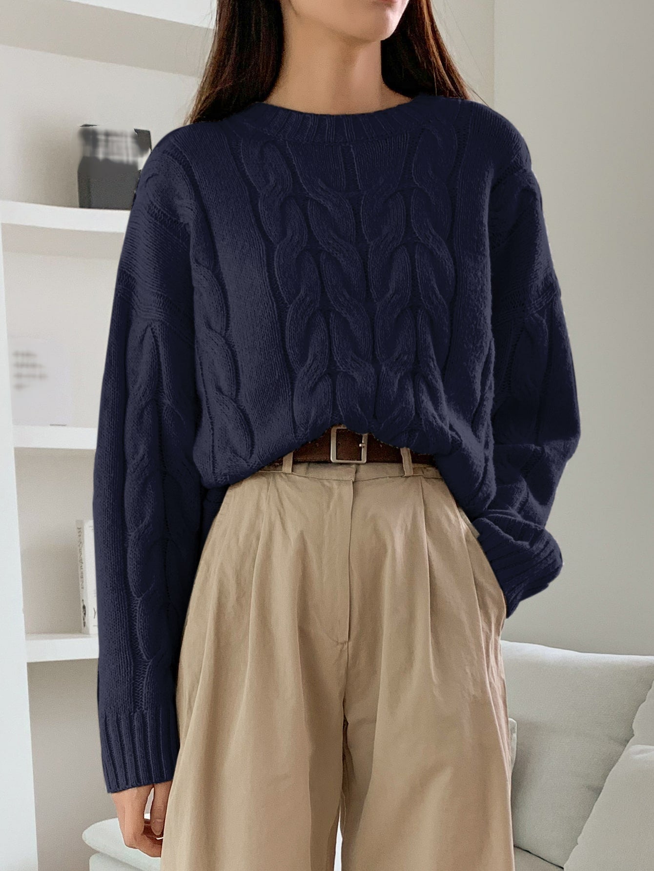 Solid Cable Knit Drop Shoulder Sweater