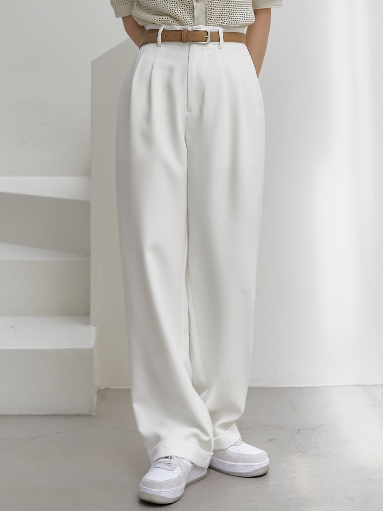 High Waist Fold Pleated Suit Pants Without Belt