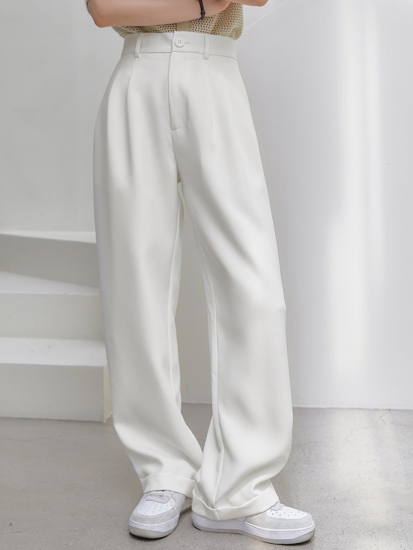 High Waist Fold Pleated Suit Pants Without Belt