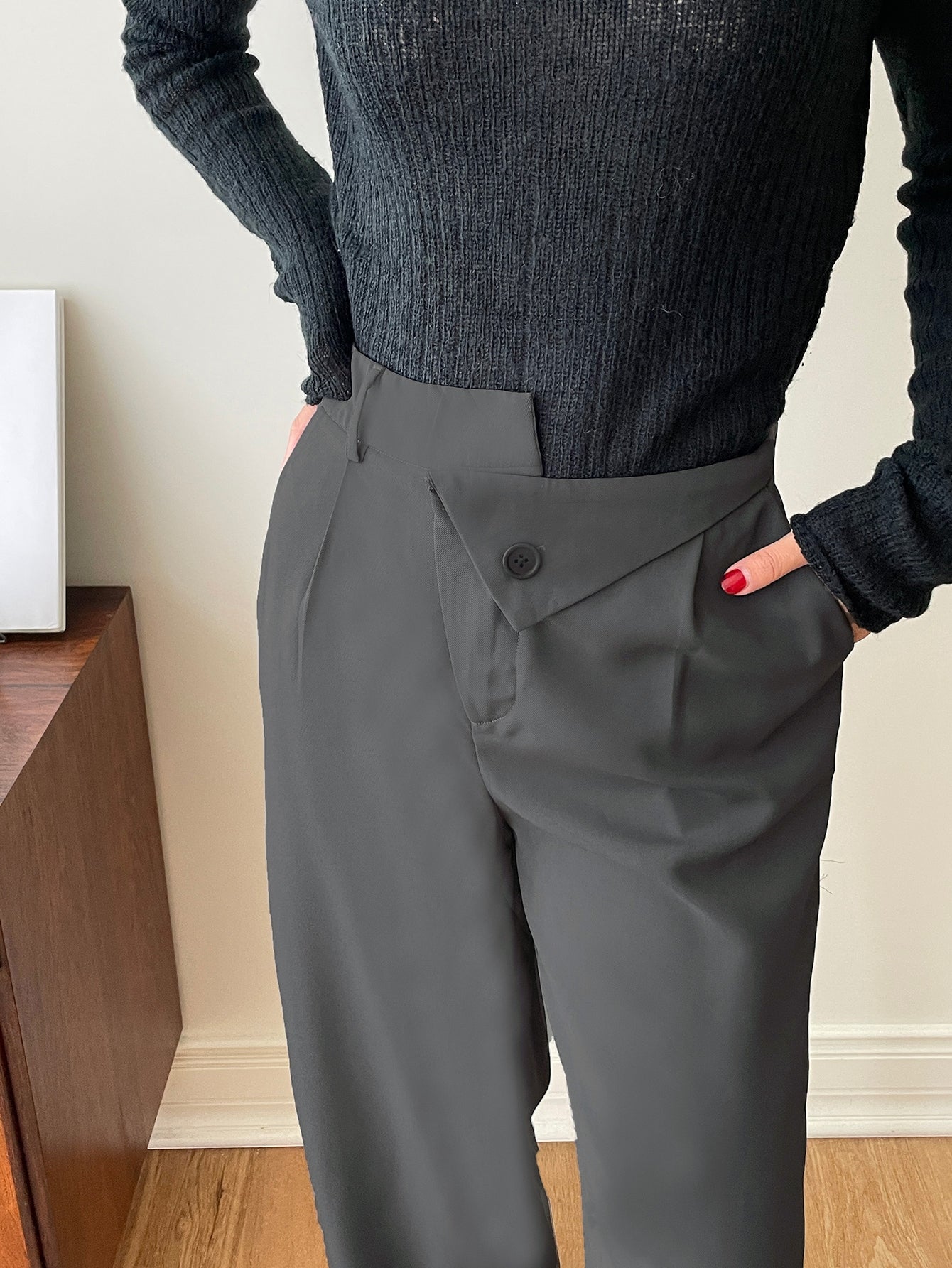Folded Waist Plicated Detail Slant Pocket Pants