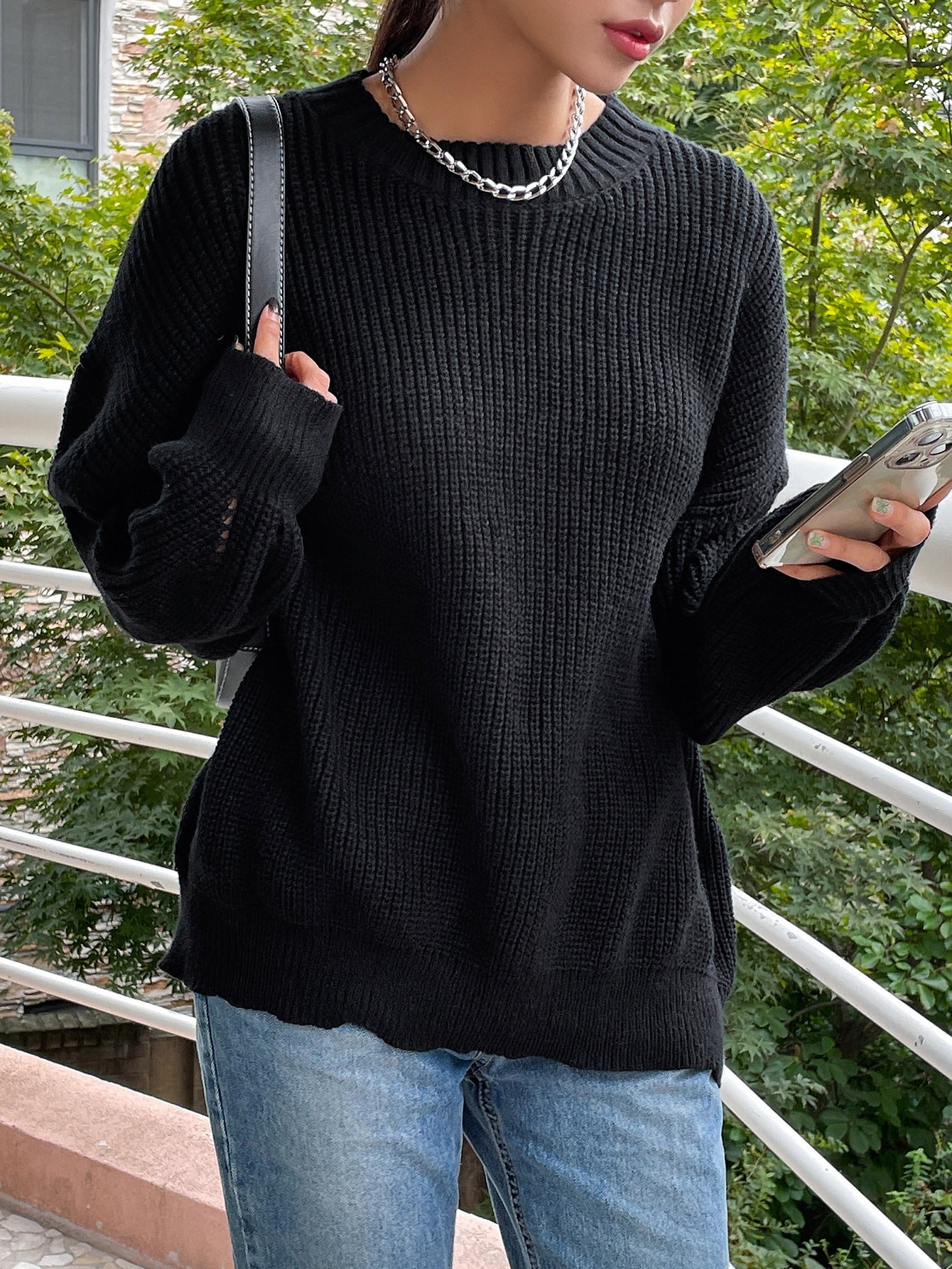 Solid Ribbed Knit Drop Shoulder Sweater